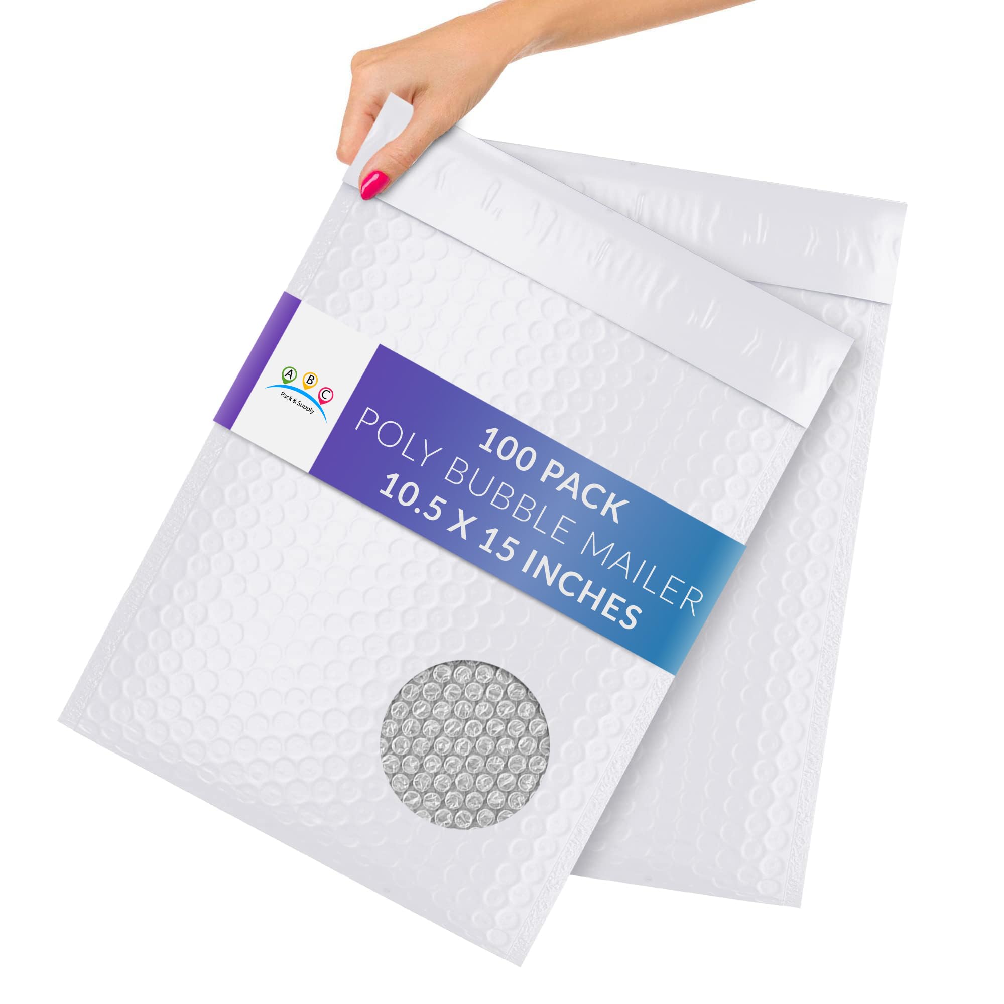 ABC PACK & SUPPLY 10.5x15 Inch Poly Bubble Mailers - 100 Pack White Self-Seal Padded Envelopes | Tear-Resistant & Waterproof Shipping Packaging for Small Business | Ideal for Books, Gifts, Ecommerce & Online Store Shipping