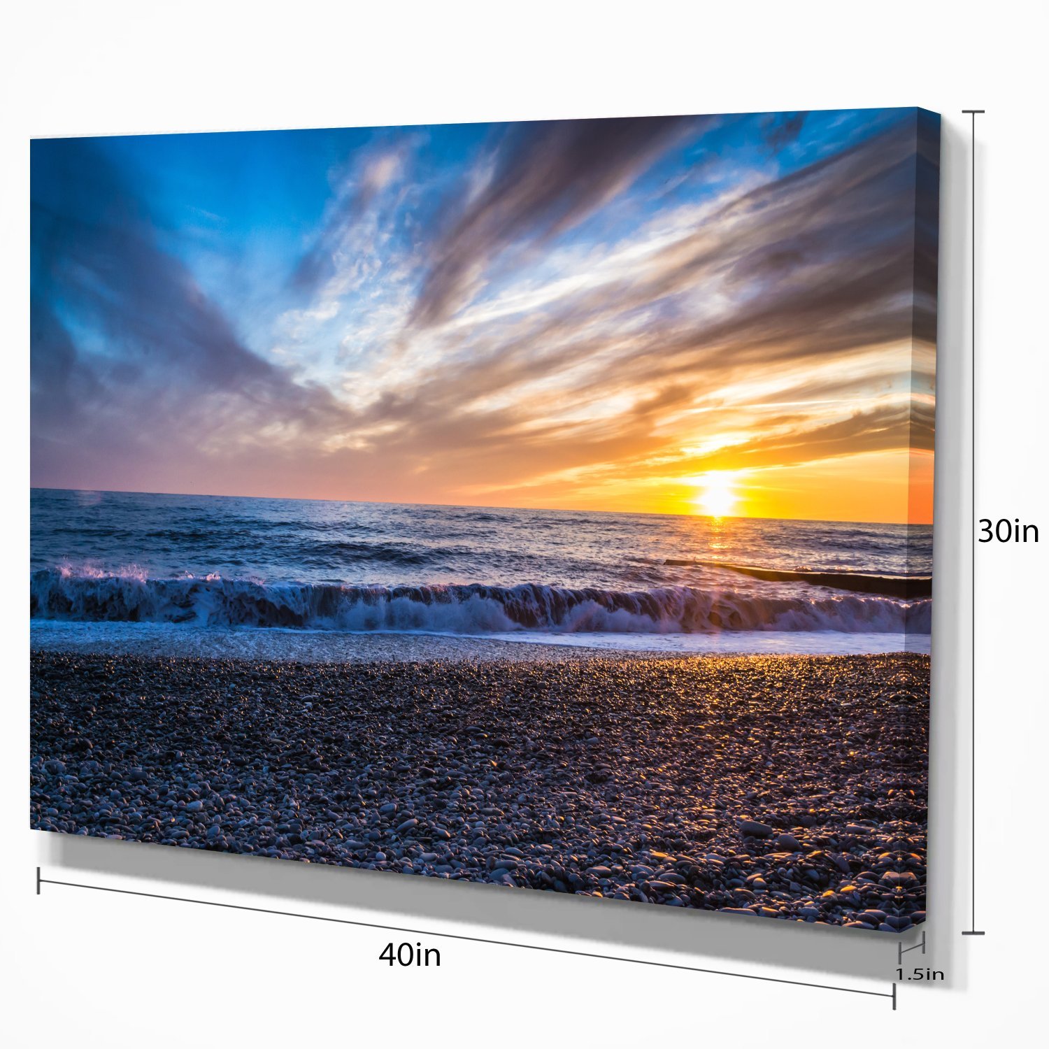 Cloudy Sky with Bright Yellow Sun Beach Photo Canvas Print - Blue Ocean Wall Art for Living Room, Bedroom & Office Decor