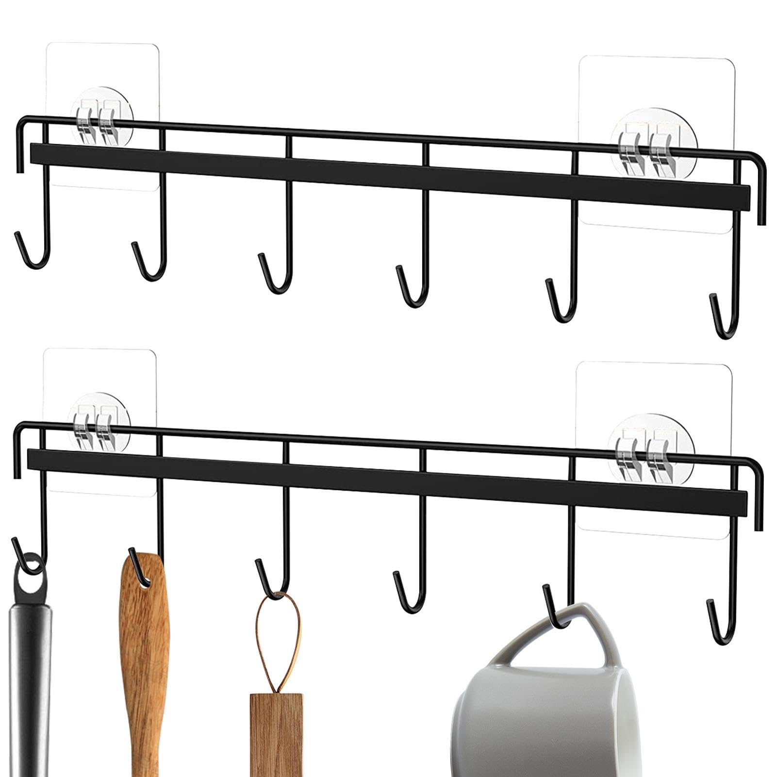 Strong Adhesive Wall Hooks Rack - No Drill Kitchen Utensil Holder with 6 Hooks - Space Saving Wall Mounted Organizer for Spoons, Knives, Towels - Perfect for Small Kitchens, Dorms, RVs & Bathrooms