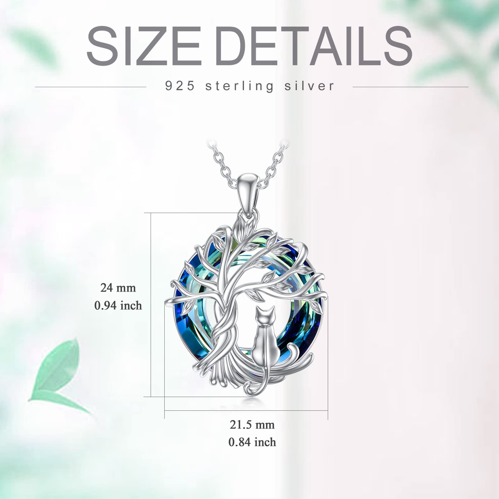 Sterling Silver Cat Tree of Life Pendant Necklace with Blue Crystal - Cute Cat Jewelry Gift for Women, Cat Lovers - Perfect for Birthday, Christmas & Everyday Wear