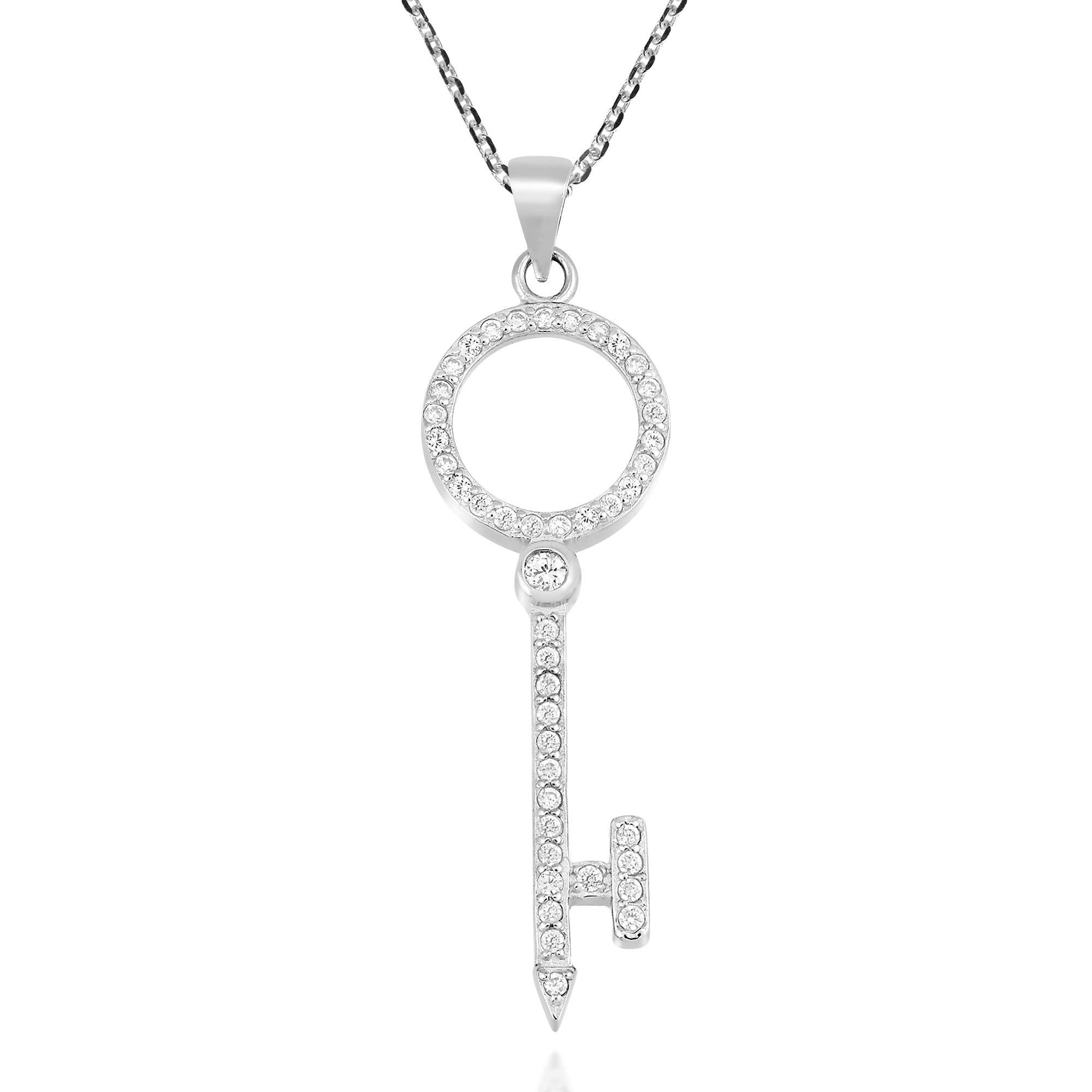 AeraVida Sparkling Circle Key Necklace - .925 Sterling Silver with Clear Cubic Zirconia Pendant | Elegant Jewelry Gift for Women, Perfect for Parties, Weddings & Everyday Wear