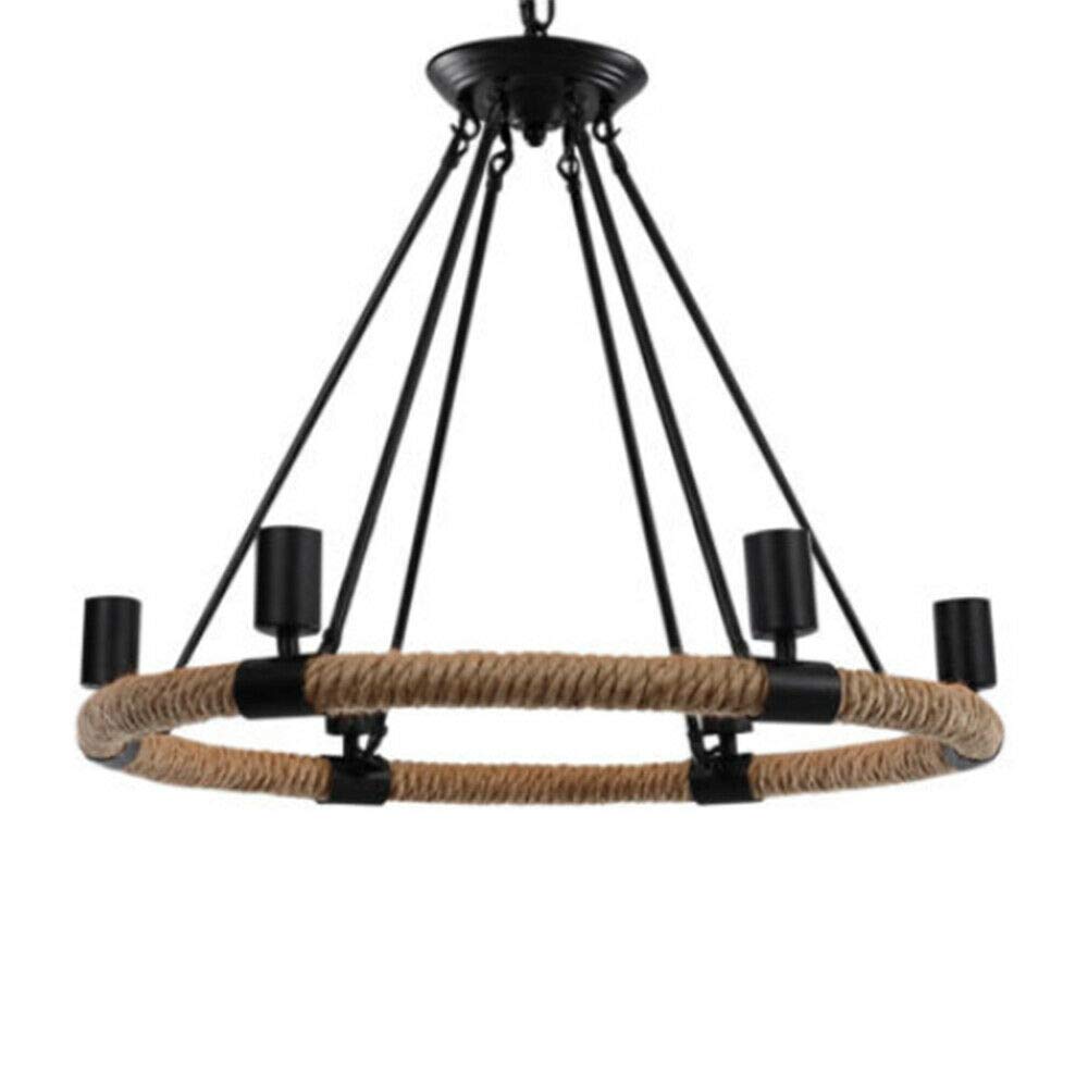 6/8-Light Metal Island Chain Ceiling Lamp - Rustic Industrial Pendant Light with Hemp Rope - Round Retro Chandelier for Living Room, Bedroom, Kitchen & Bar - Perfect for Farmhouse, Loft & Industrial Decor