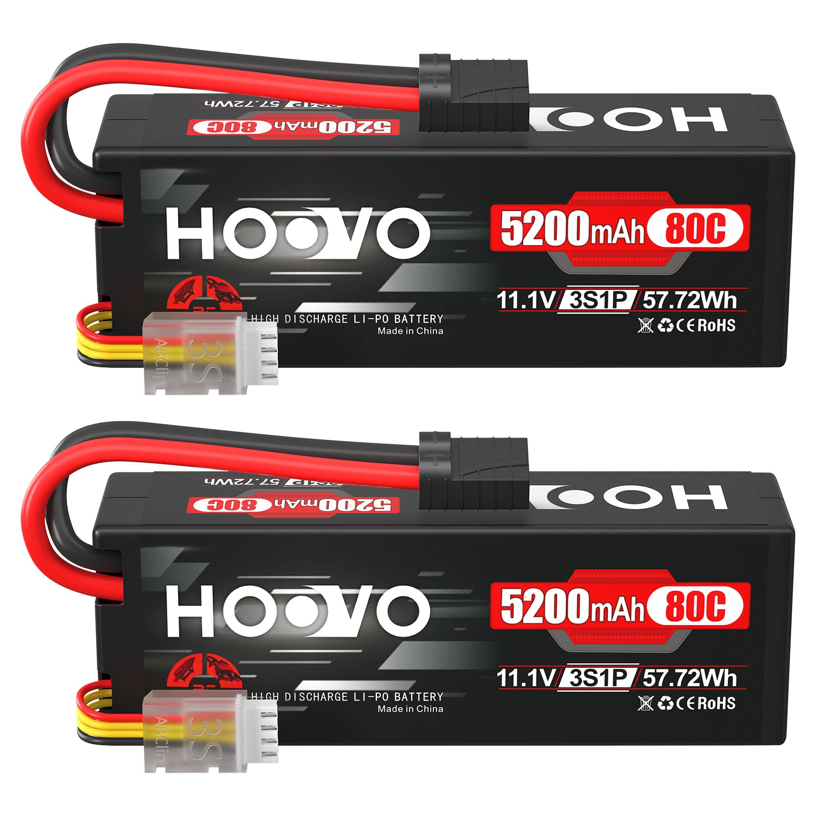 HOOVO 3S 11.1V 5200mAh 80C Lipo Battery with TR Plug - 2 Pack for RC Cars, Boats, Trucks, Truggy Racing, FPV Drones - High Performance Power for Hobbyists and Racing Enthusiasts