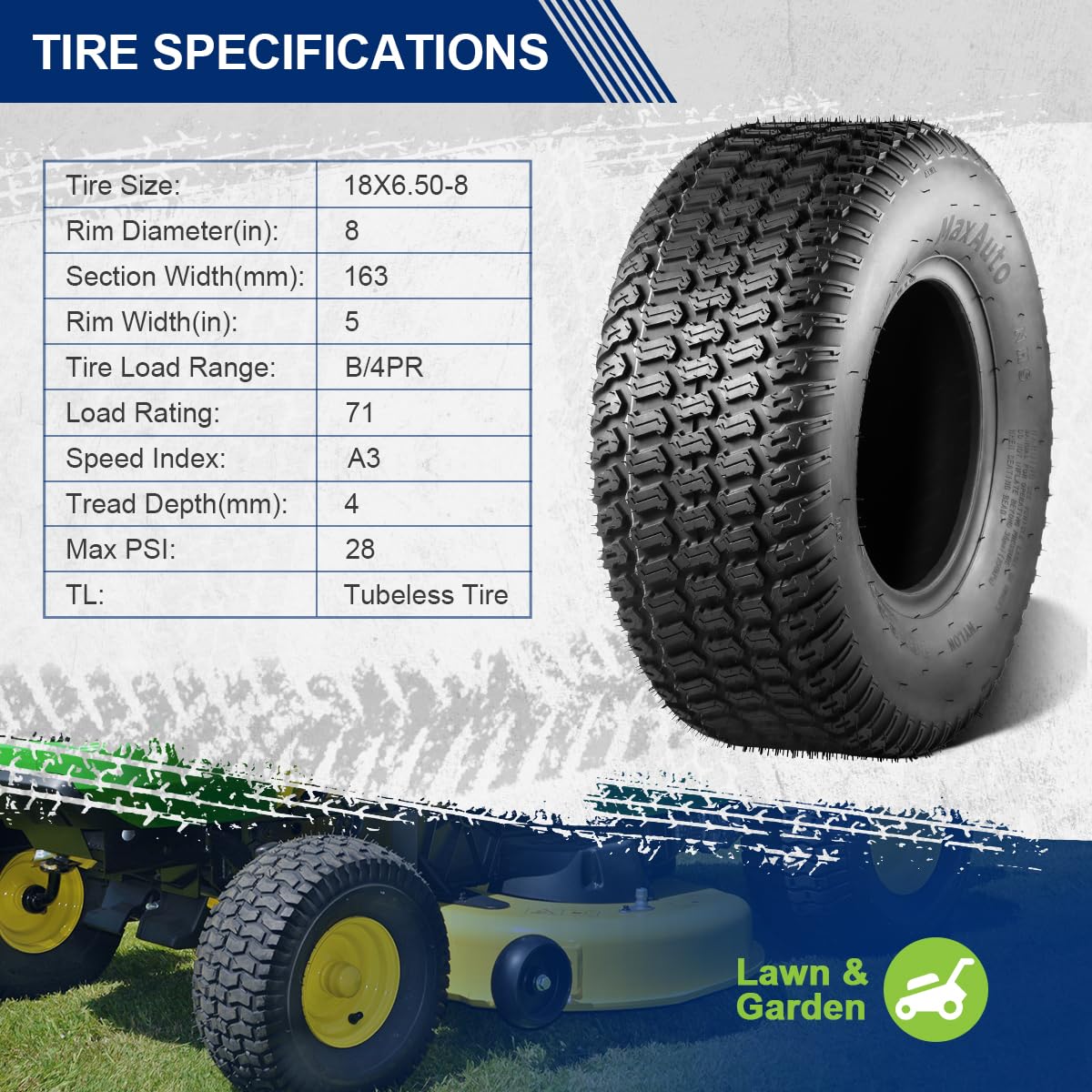 MaxAuto 18X6.50-8 Turf Saver Lawn Mower & Golf Cart Tires - 4PR Heavy Duty Set of 2 - Perfect for Lawn Care, Golf Courses & Commercial Turf Maintenance