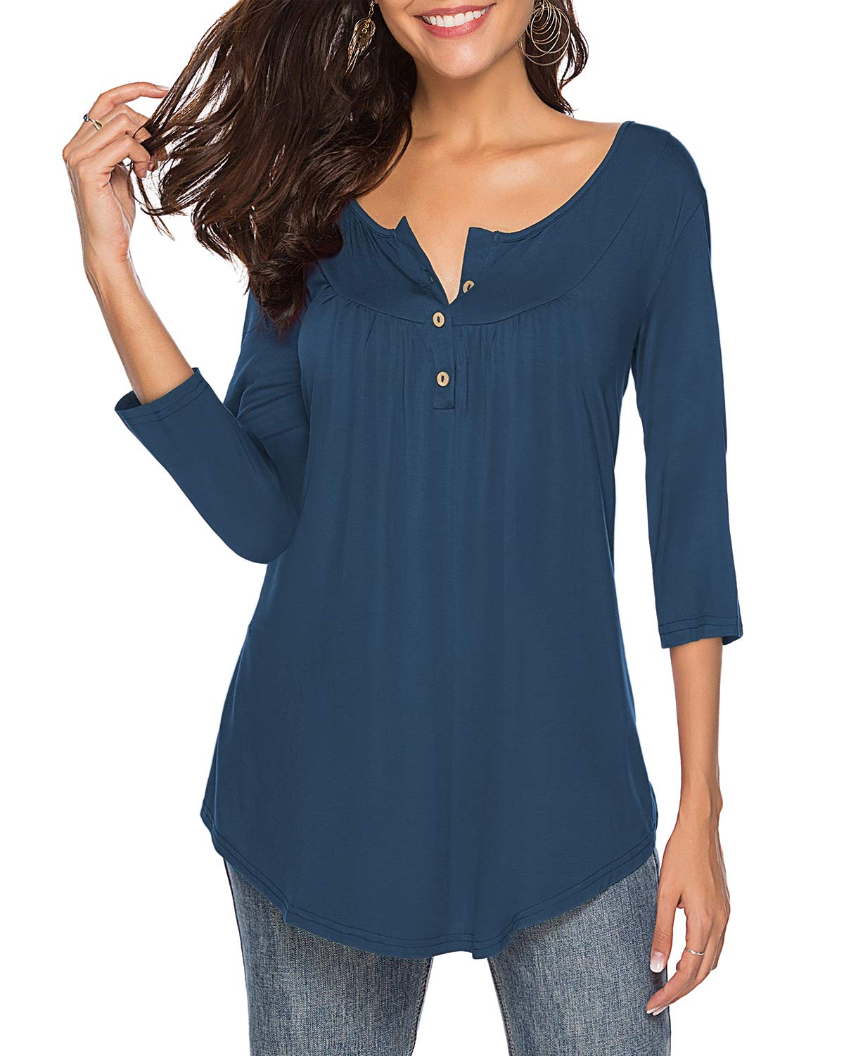 THANTH Women's Casual V-Neck 3/4 Sleeve Button-Up Blouse - Loose Fit Tunic Top for Work & Everyday Wear | Comfortable Office & Weekend Outfit
