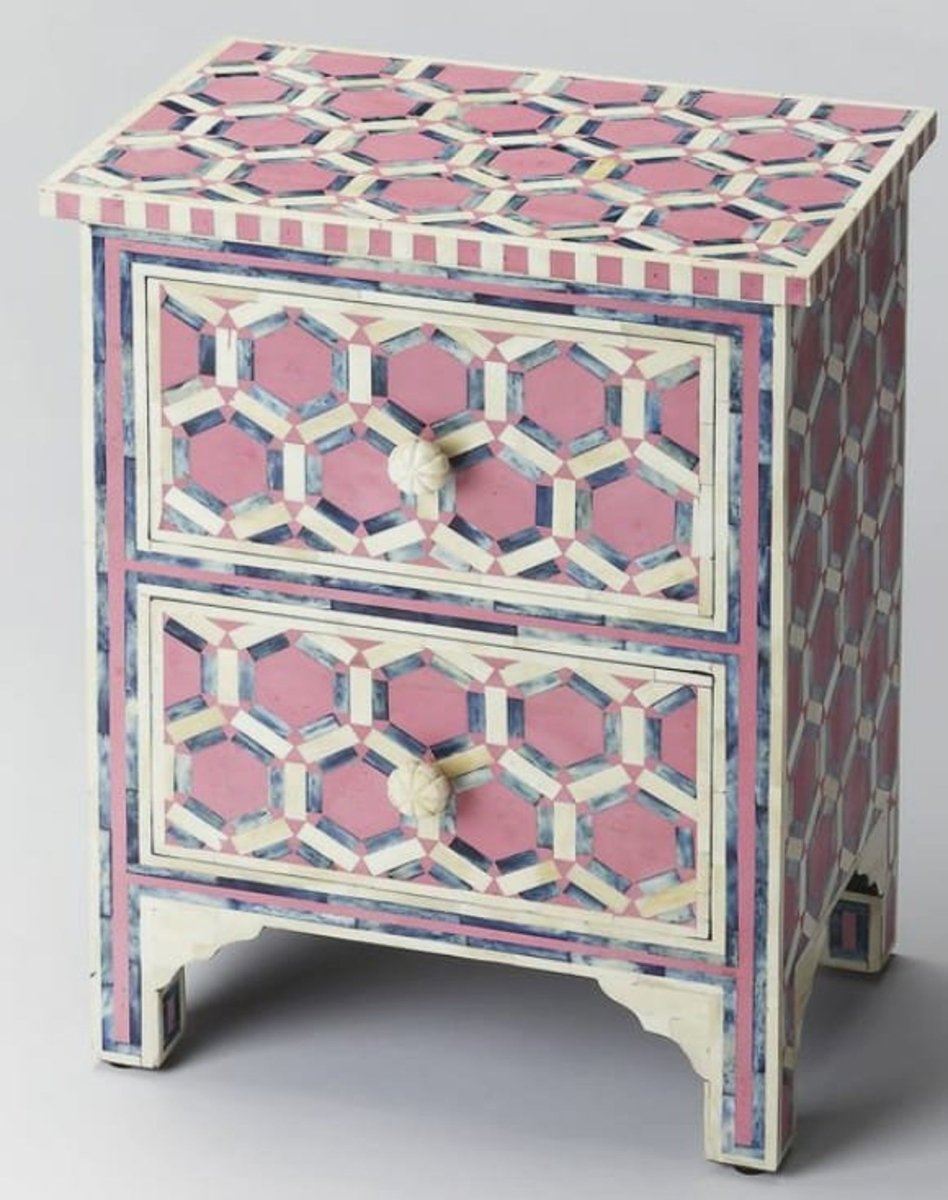 Handmade Bone Inlay Hexagonal Pink Nightstand - Vintage Boho Bedside Table with Drawer for Bedroom Decor | Perfect for Master Bedroom, Guest Room & Apartment