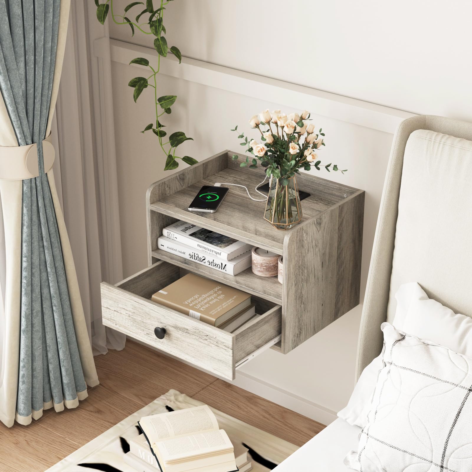 Modern Floating Nightstand Set of 2 - Wall Mounted Bedside Tables with Drawer, Open Shelf & USB Charging Station - Space Saving Grey End Tables for Small Bedrooms, Apartments & Dorm Rooms