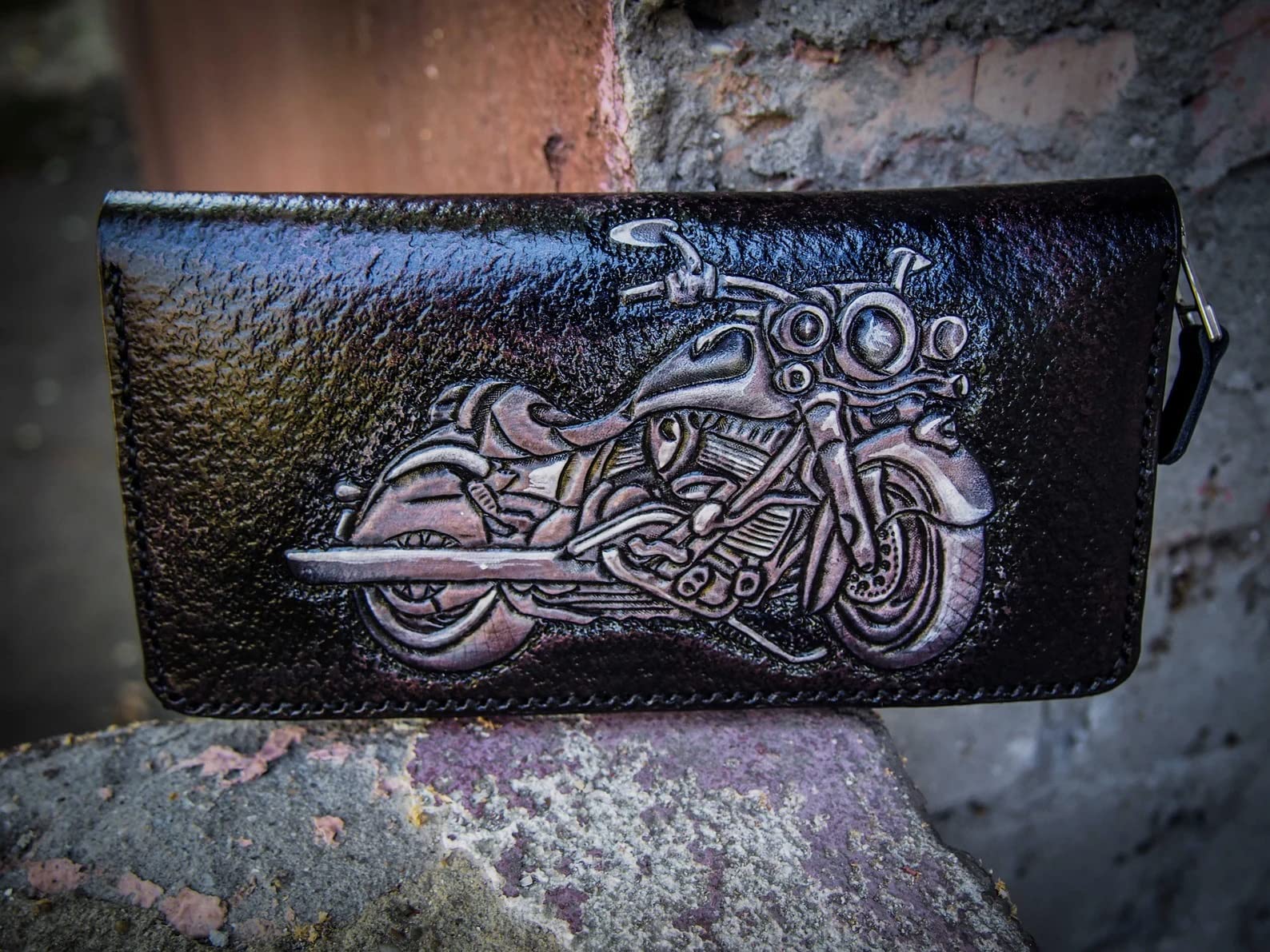 **Men's 3D Genuine Leather Biker Wallet with Zip Closure - Handmade Carved & Tooled Airbrush Art - Custom Personalized Motorcycle Wallet for Men - Perfect for Bikers, Riders & Gift Giving**