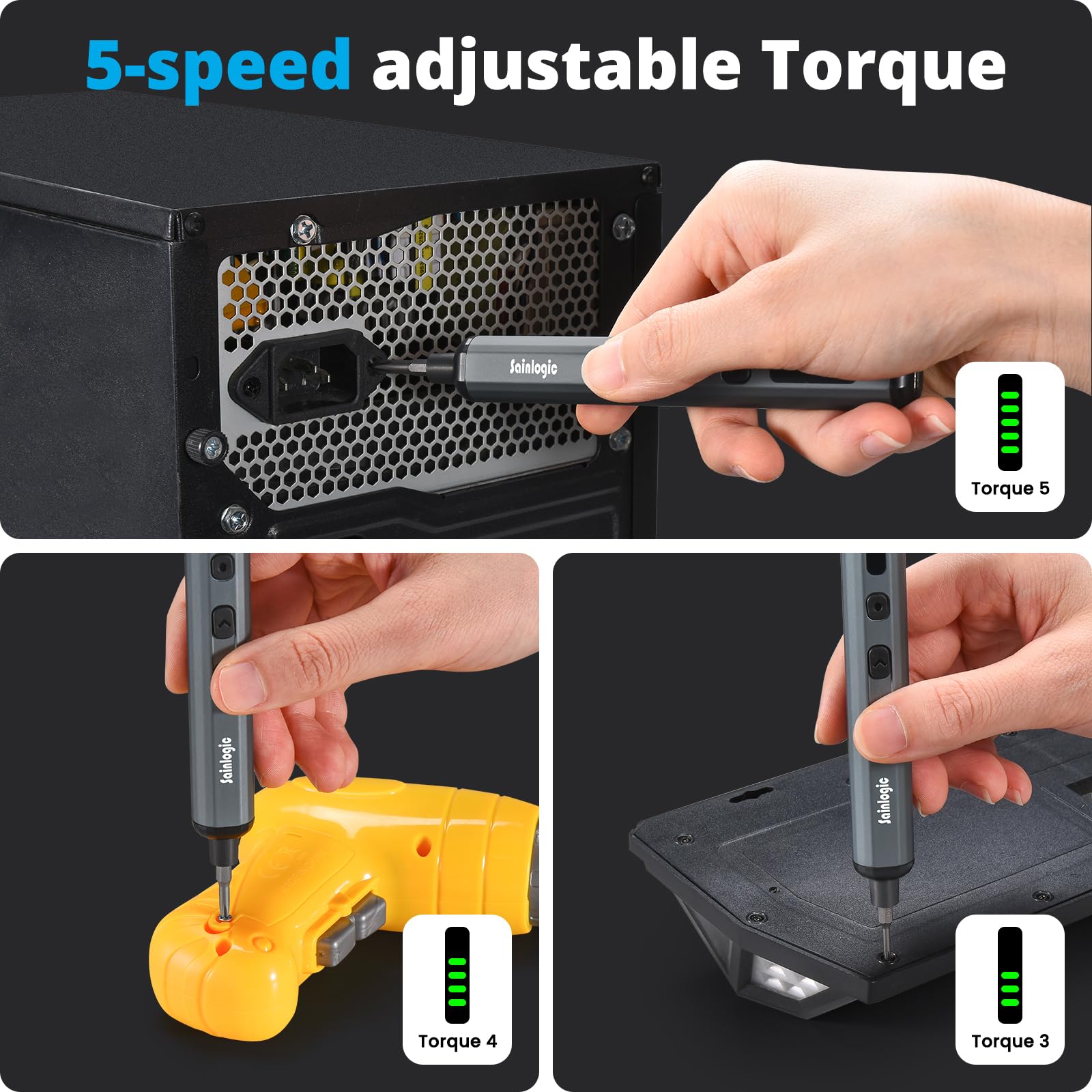 Sainlogic 3.7V Cordless Electric Screwdriver Set - 68 in 1 Mini Screwdriver Kit with 5 Torque Settings & 4 LED Lights - 350mAh Rechargeable Battery - Perfect for Phone Repair, Camera Assembly, Watch Maintenance and DIY Electronics Projects