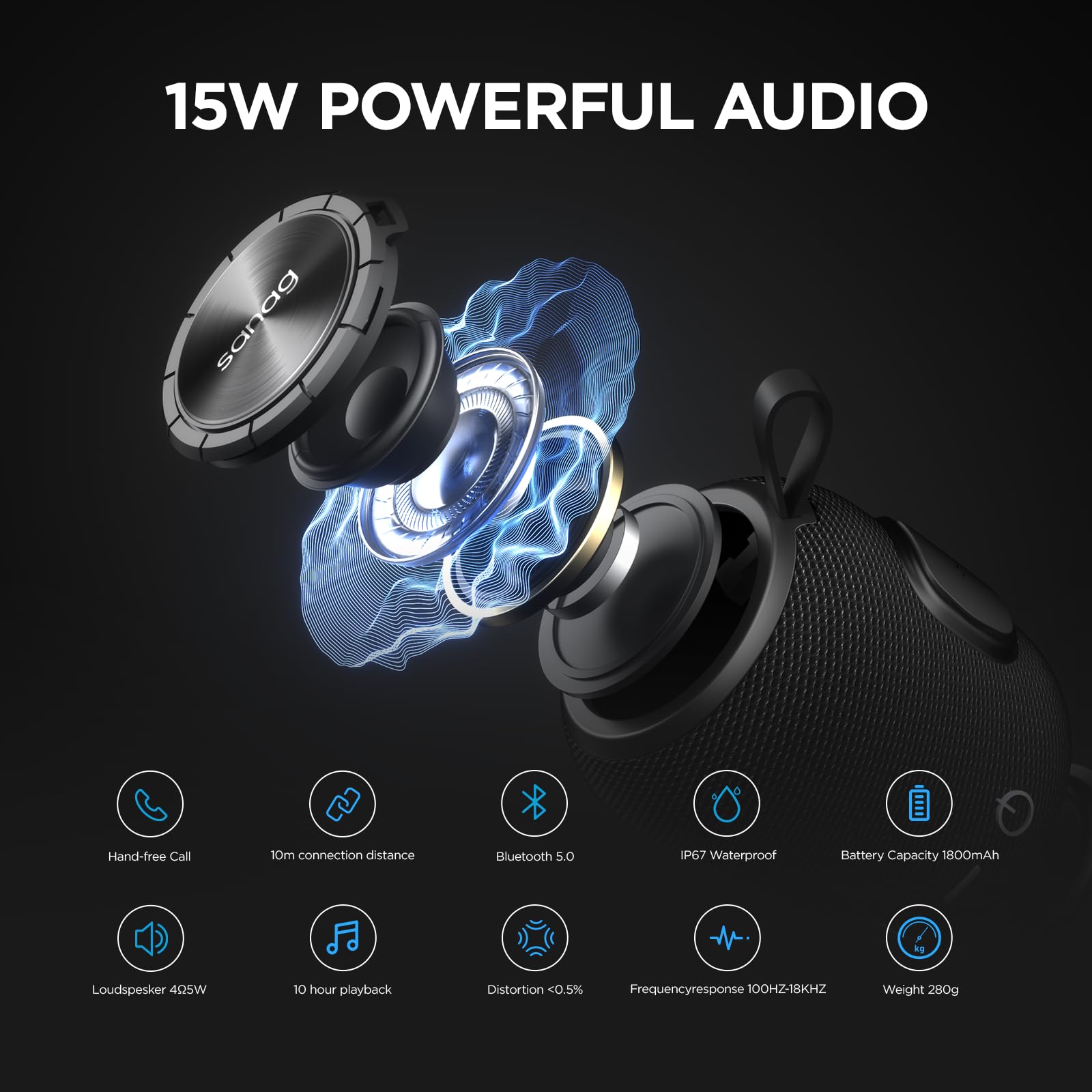 SANAG Portable Bluetooth Speaker with Bluetooth 5.0 - Wireless Mini Speaker with Dual Pairing, 360° HD Surround Sound & Deep Bass - 24H Playtime IPX67 Waterproof - Perfect for Travel, Camping, Beach, Pool Party & Home Use