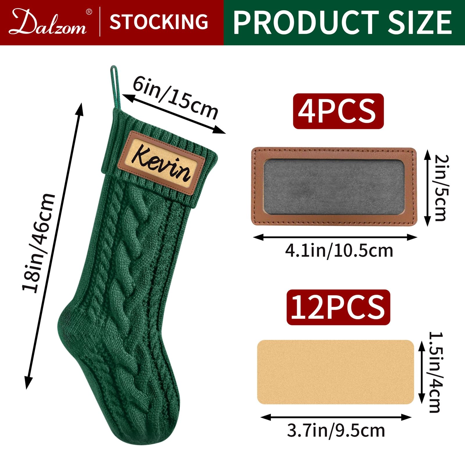 Dalzom® 4Pcs Personalized Christmas Stockings with Leather Patches - Custom Name Embroidery, 18” Large Knitted Holiday Stockings for Kids & Family - Perfect for Fireplace Decor, Christmas Party, and Festive Home Decoration