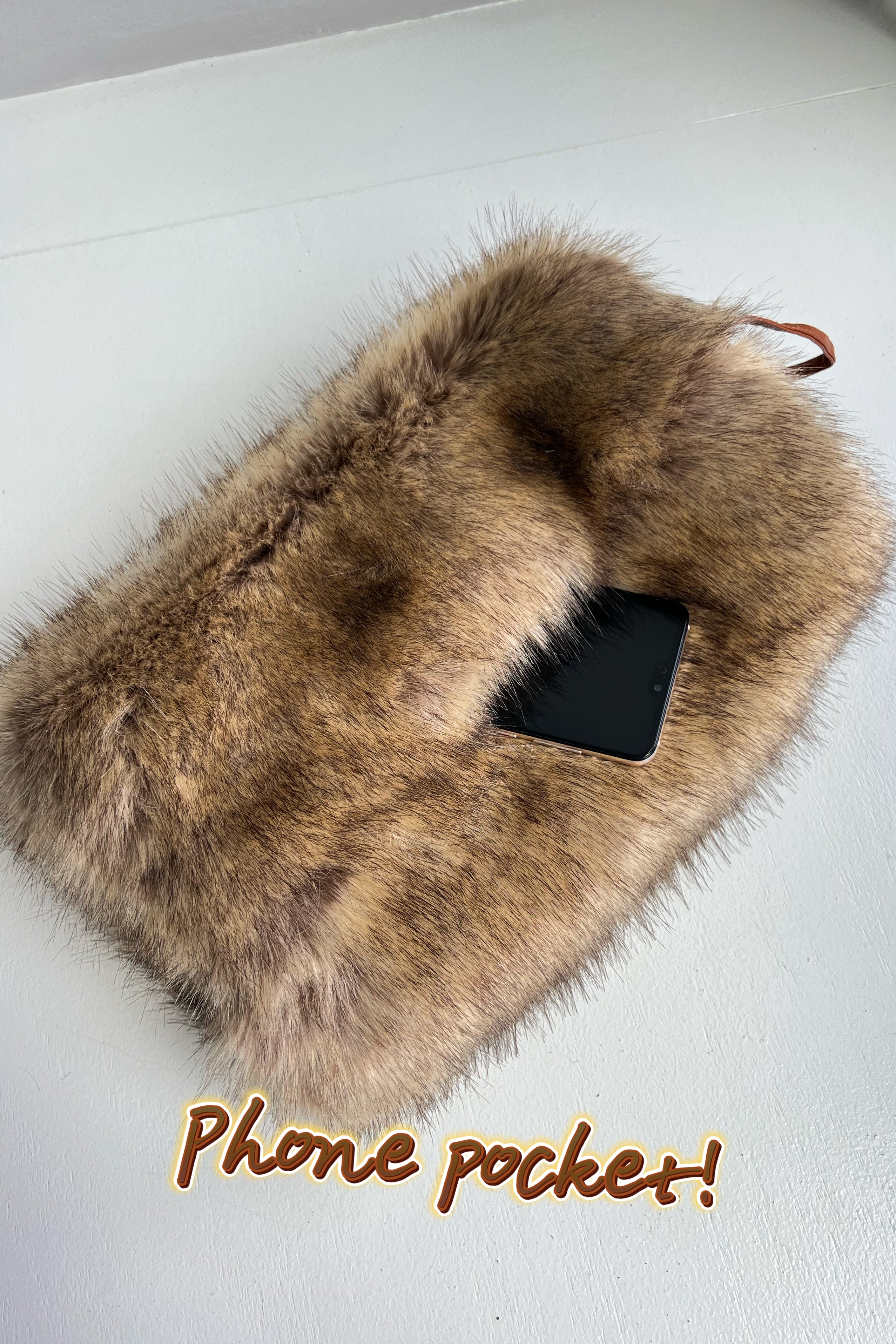 Luxury Brown Faux Fur Hand Muff with Phone Pocket & Detachable Strap - Winter Fashion Accessory for Women, Outdoor Activities & Cold Weather Protection