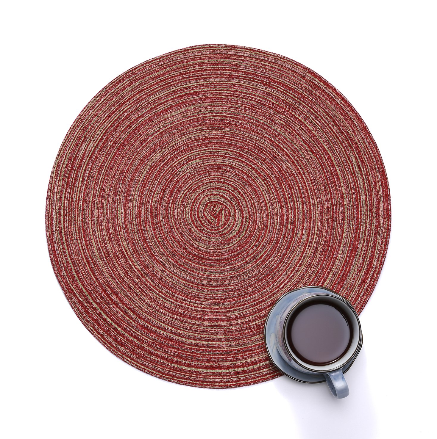15 Inch Round Braided Placemats - Set of 6 Washable & Durable Table Mats for Kitchen, Dining, Home Decor - Perfect for Weddings, Parties & Everyday Use (Red)