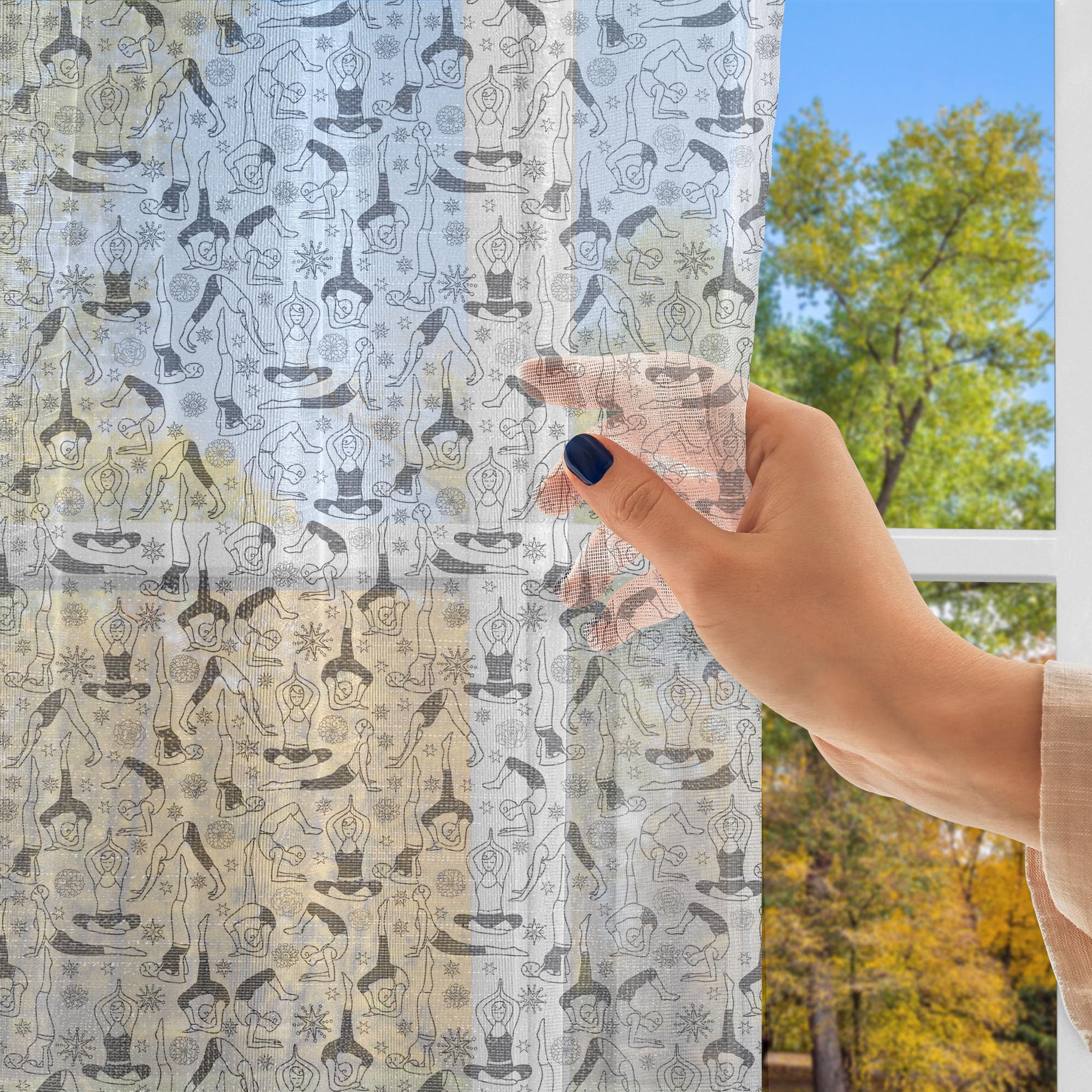 Ambesonne Yoga Themed Black White Tulle Curtains - Monochrome Eastern Technique Poses & Star Flower Motifs - 108