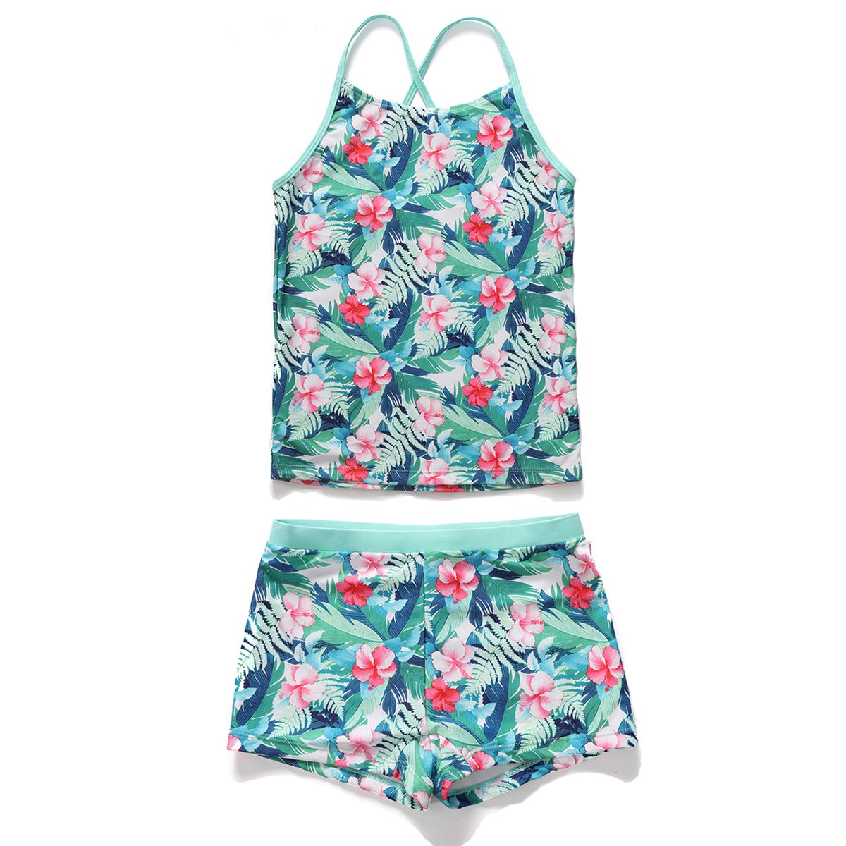 Phibee Girls' Tankini Two-Piece Swimsuit for Summer - Cute Ruffle Bikini Top & Swim Shorts for Beach, Pool & Vacation | Toddler & Kids Swimwear