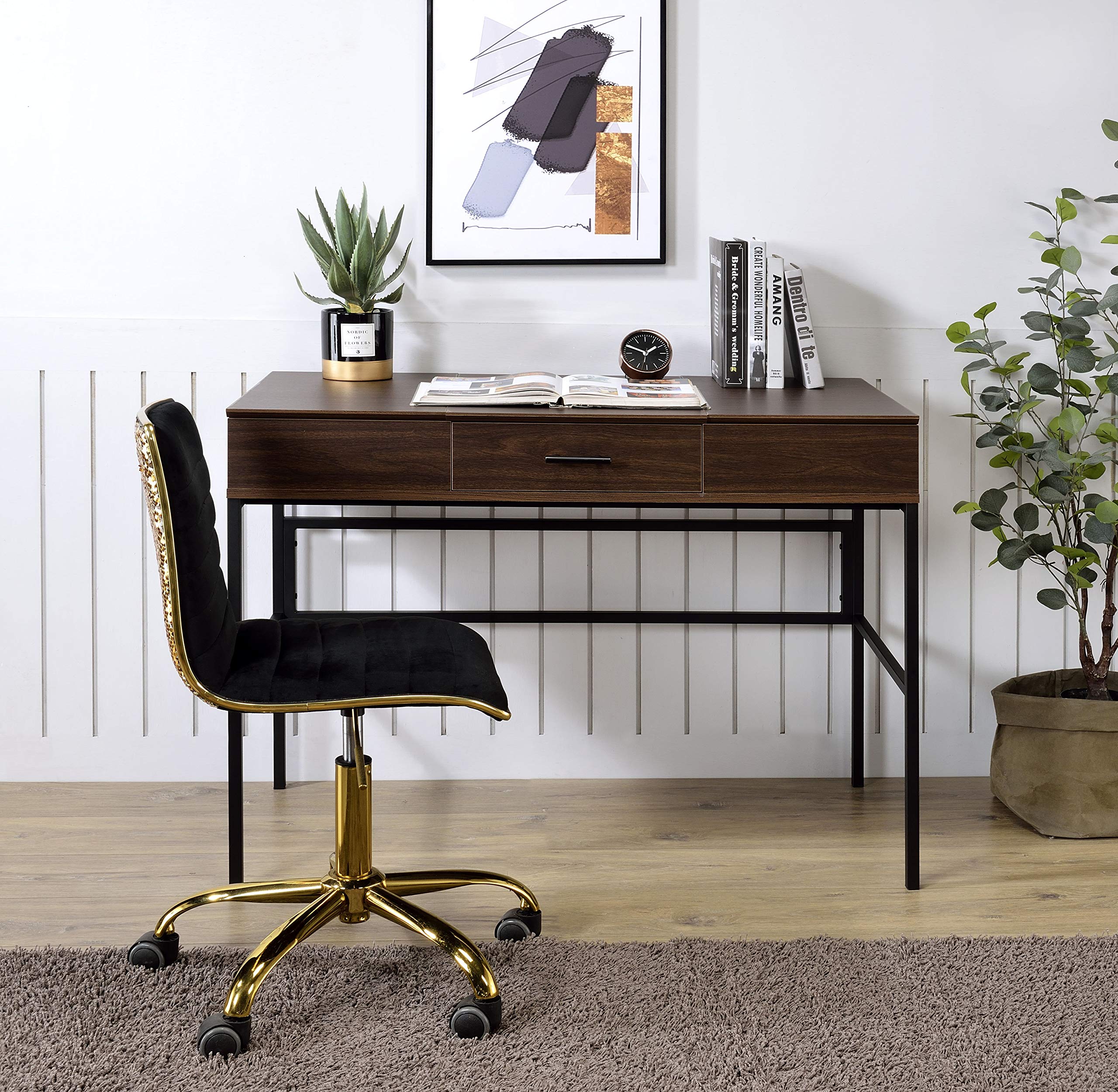 Built-in USB Port Writing Desk Computer Desk Gaming Desk Work Table - Oak & Black Finish 93092 - Perfect for Home Office, Study Room & Gaming Setup