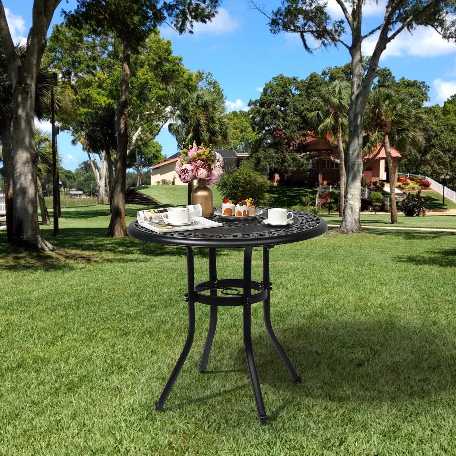 VINGLI 32 Inch Outdoor Patio Table with Umbrella Hole - Heavy Duty Cast Aluminum Round Dining Table for Backyard, Garden, Deck - Weather Resistant Black Bistro Set for Outdoor Entertaining & Relaxation