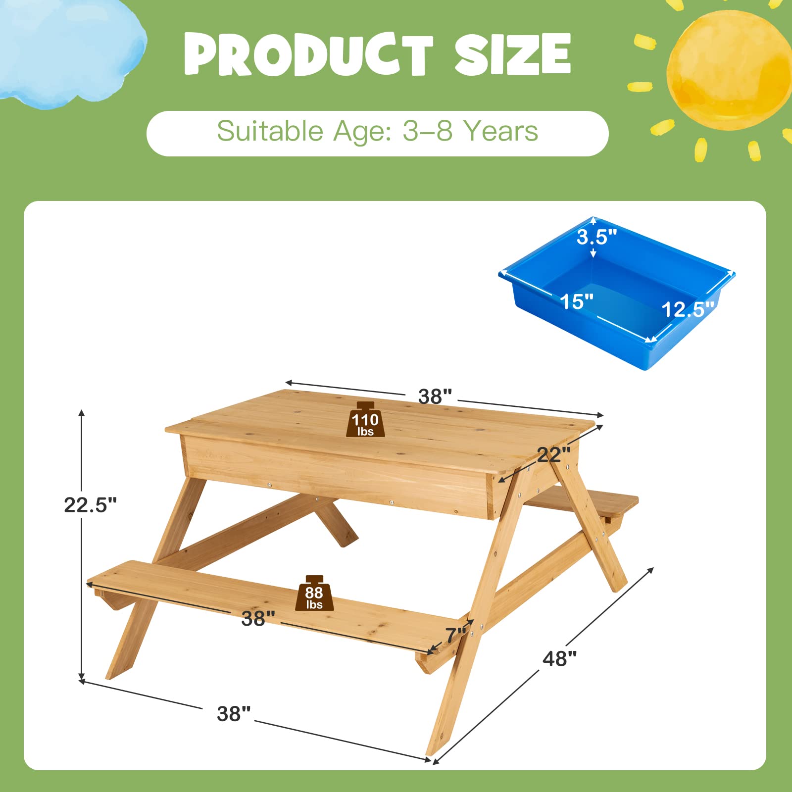 HONEY JOY Kids Picnic Table - 3-in-1 Convertible Sand & Water Play Table with 2 Storage Bins & Detachable Tabletop - Wooden Outdoor Bench Set for Backyard, Garden & Patio - Perfect for Toddler Activities, Sensory Play & Outdoor Fun