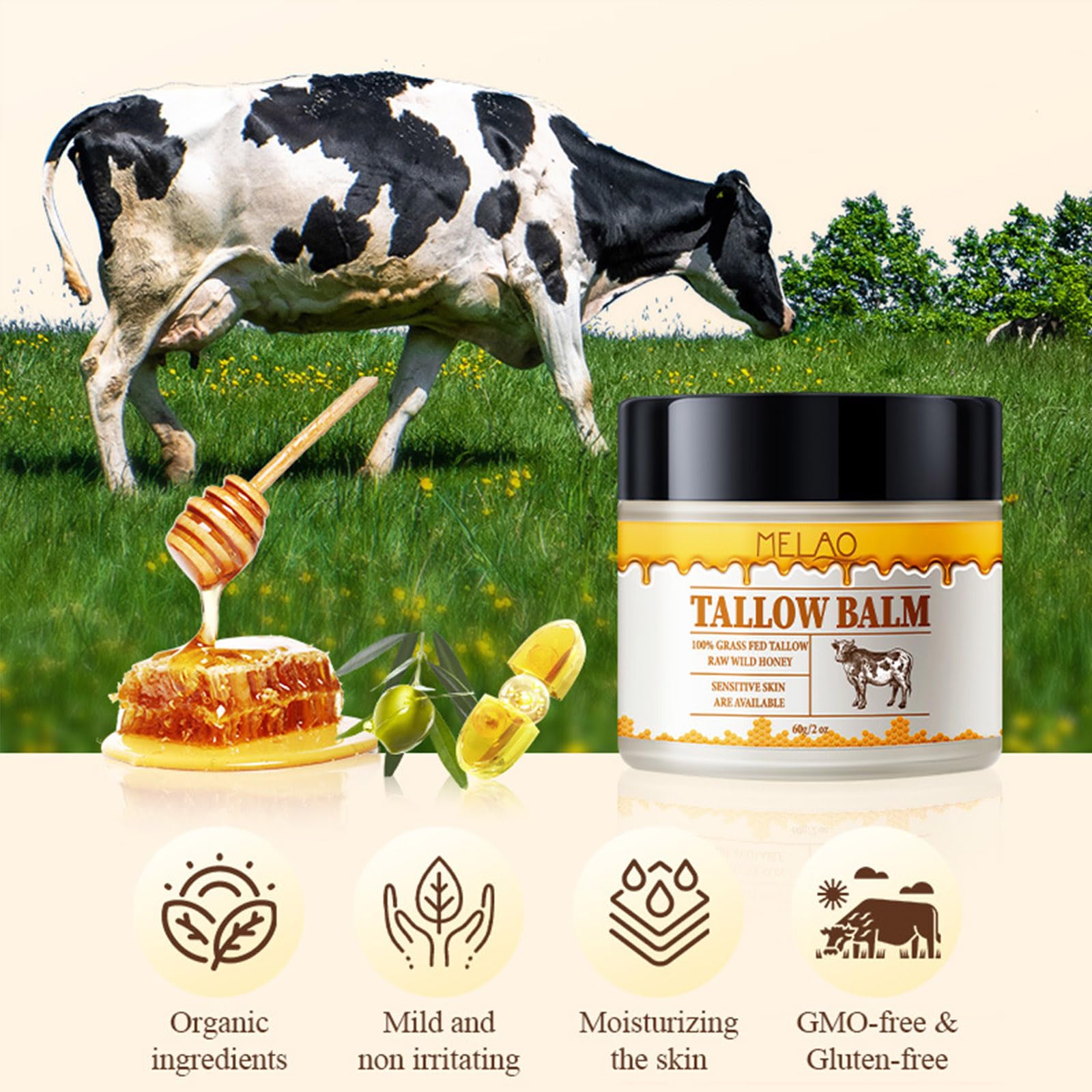 Grass-Fed Beef Tallow & Raw Wild Honey Balm - 2oz All-Natural Moisturizer for Face & Body | Hydrating Skin Care for Dry Skin, Eczema & Sensitive Skin | Perfect for Daily Use, Night Routine & Travel