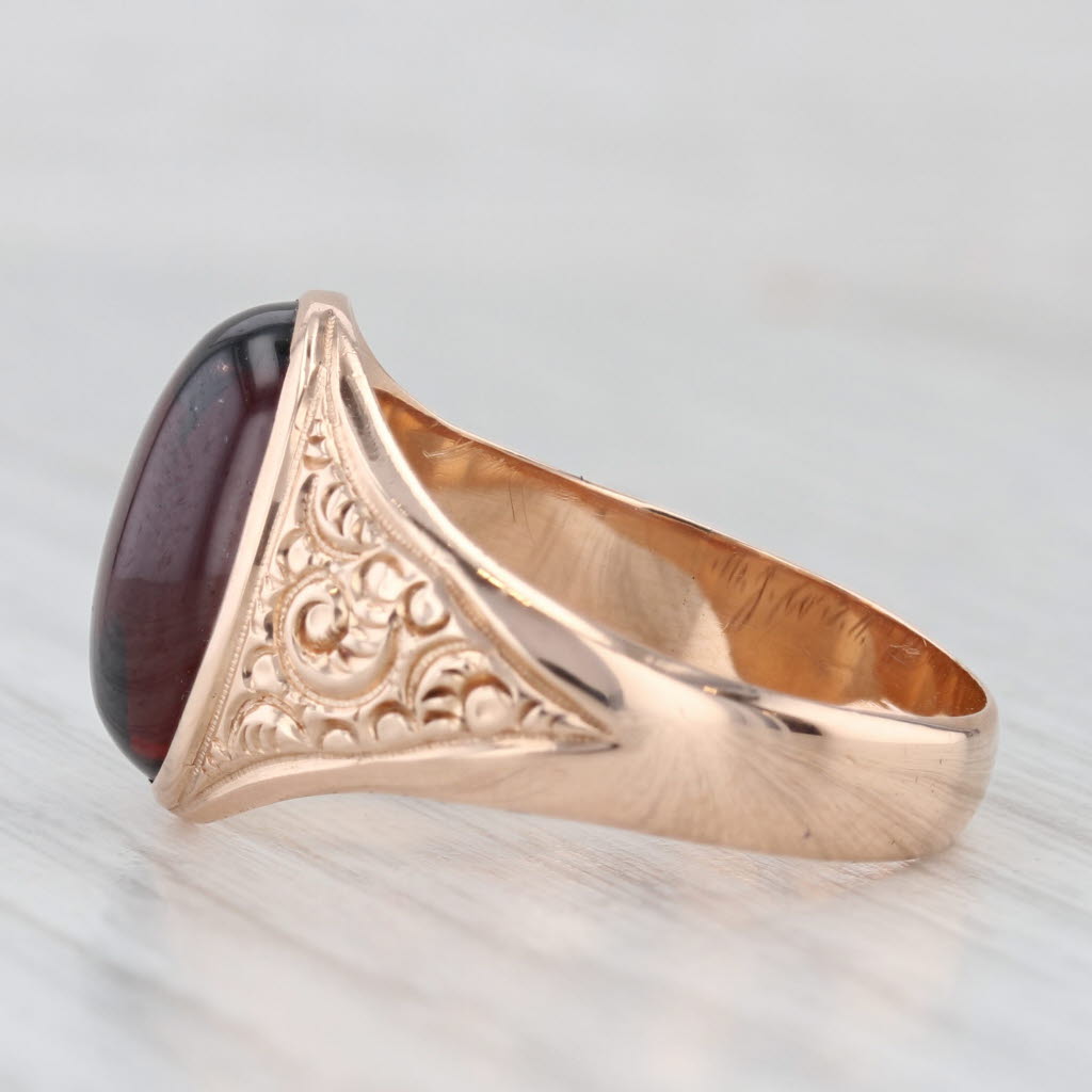 Antique 10k Rose Gold Garnet Ring - Hand Engraved Ornate Oval Cabochon Solitaire Jewelry for Women | Vintage Style Engagement, Wedding, Anniversary Gift