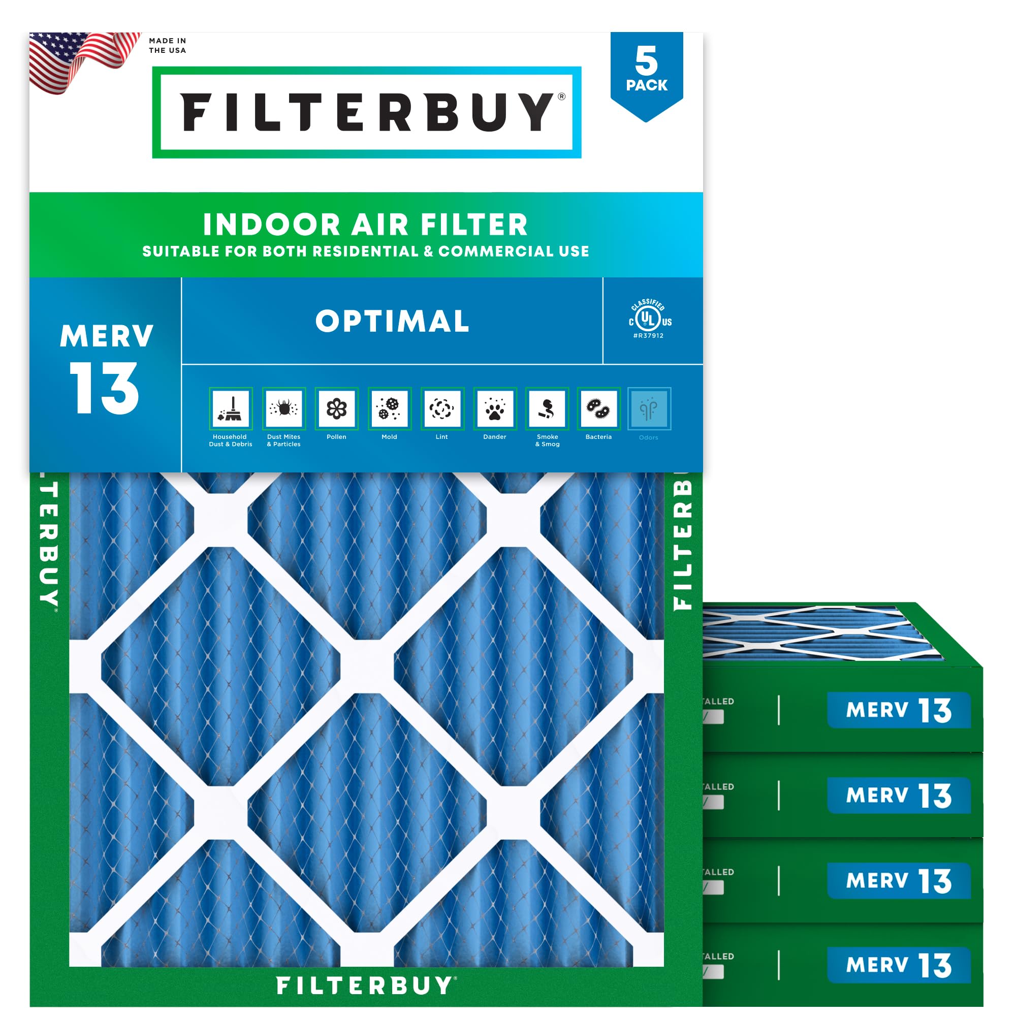 Filterbuy 20x25x2 MERV 13 Air Filter 5-Pack - Premium Pleated HVAC Furnace & AC Replacement Filters (19.5x24.5x1.75 Inches) - Ideal for Home, Office & Allergy Relief