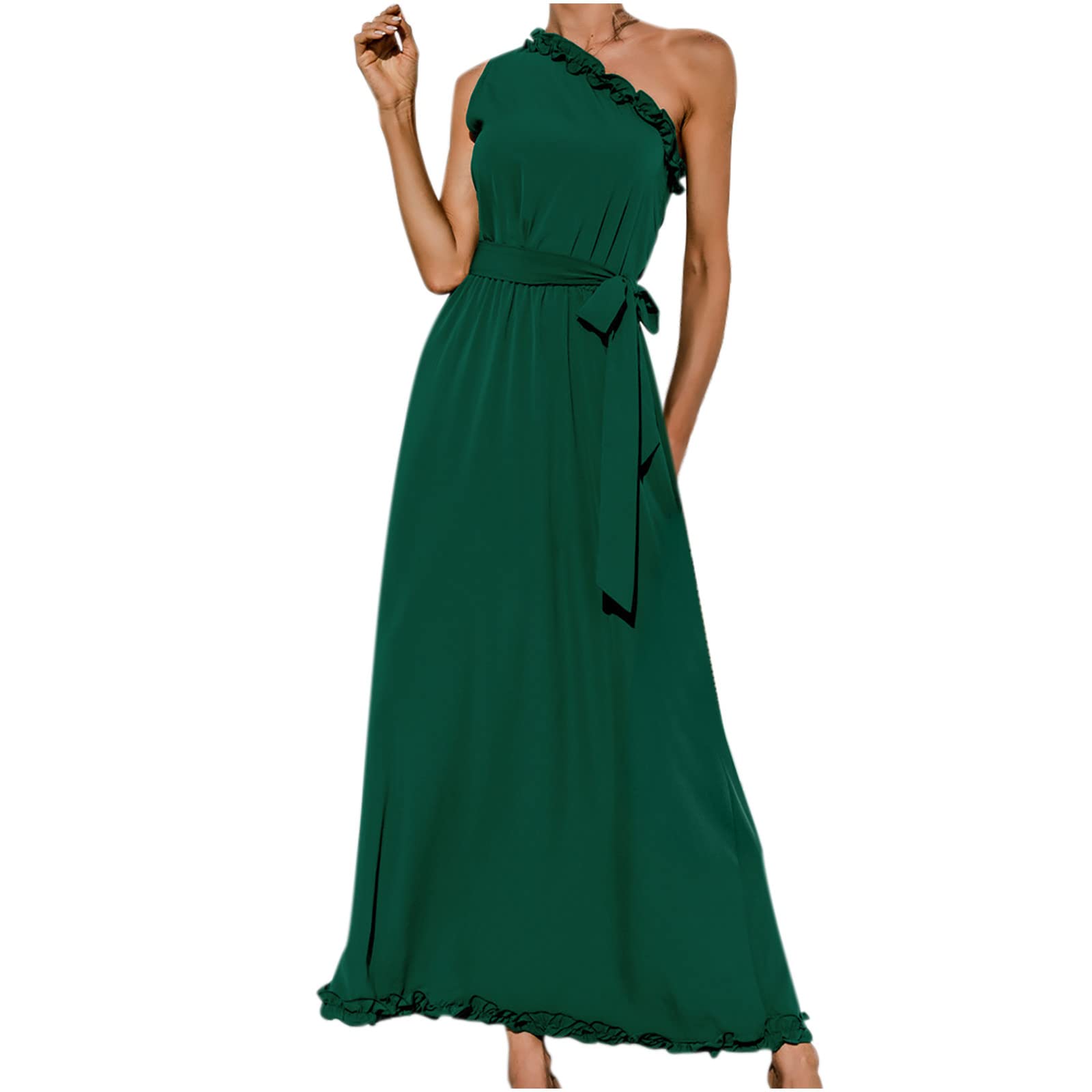 2022 Women's Summer One Shoulder Dress - Solid & Print Sleeveless High Waist Flowy Midi Dress with Ruffle Trim | Beach Cover Up, Vacation Outfit, Pool Party Dress, Casual Summer Wear
