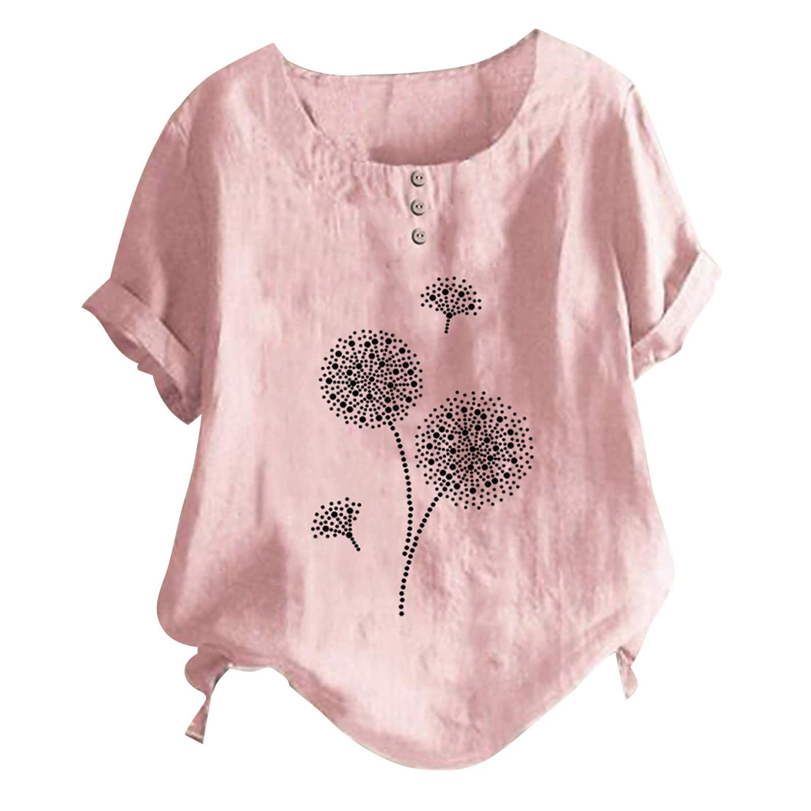 Women's Summer Round Neck Button Cotton Linen Dandelion Print Short Sleeve T-Shirt - Casual Boho Blouse for Beach, Vacation & Everyday Wear
