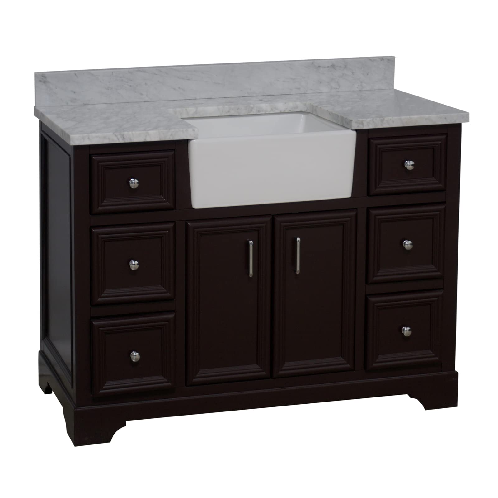 48-inch Farmhouse Vanity with Carrara Marble Top & Apron Sink - Rustic Bathroom Vanity Set with Chocolate Wood Cabinet & White Ceramic Sink for Modern Farmhouse, Cottage, or Vintage Style Bathrooms