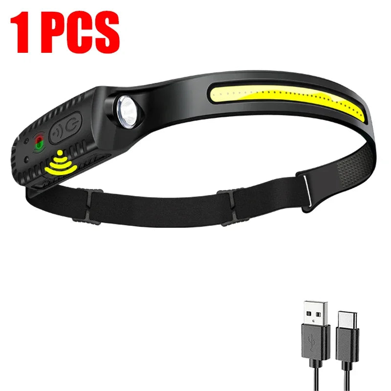 USB Rechargeable LED Sensor Headlamp - XPE+COB Bright Headlight with Motion Detection, Adjustable Head Torch for Camping, Hiking, Fishing & Outdoor Activities | Waterproof Flashlight for Night Work & Emergency Use