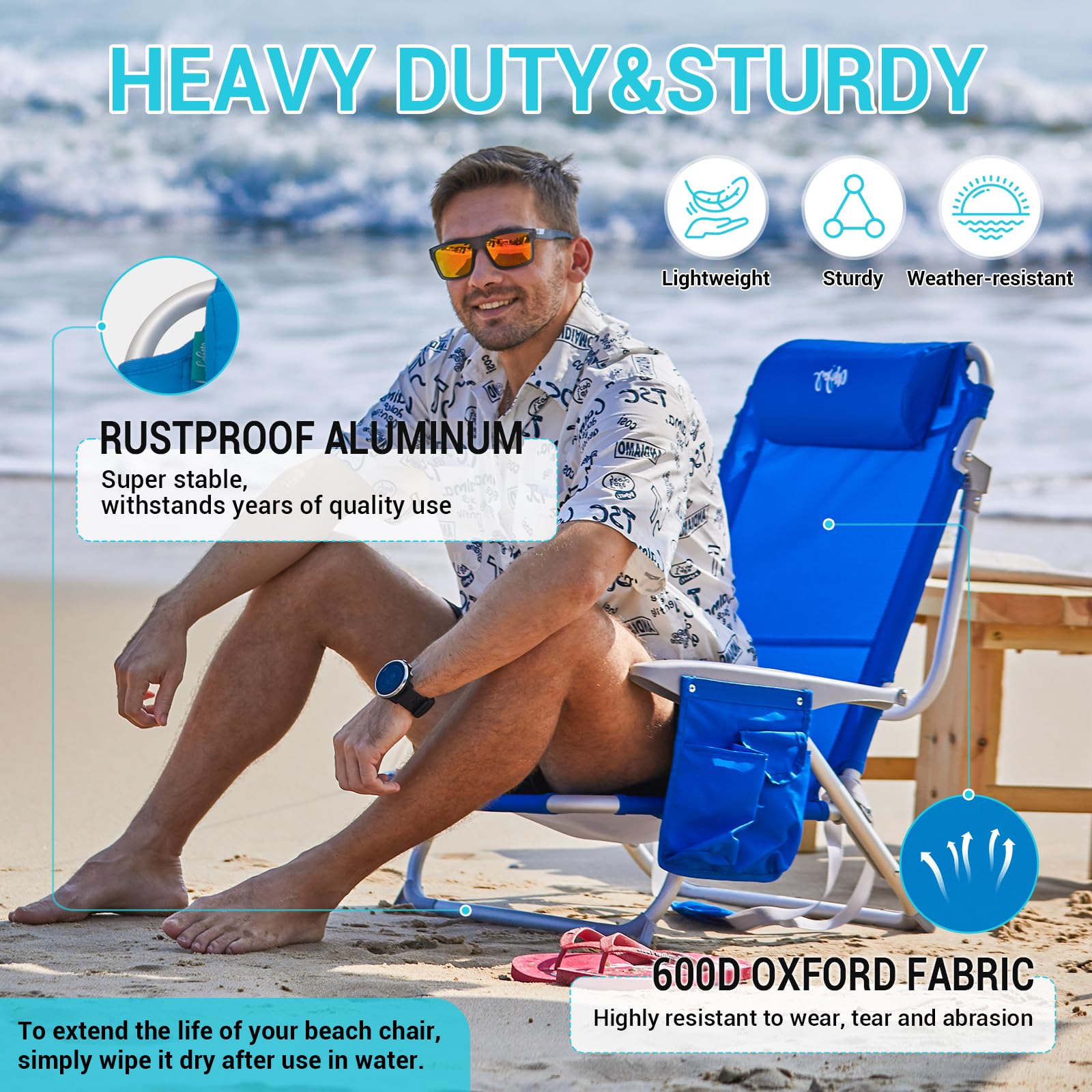 WEJOY 4-Position Folding Beach Chair for Adults - Lightweight Aluminum Frame with Shoulder Strap, Cup Holder & Padded Headrest - Supports 265lbs - Perfect for Beach, Poolside, Camping & Backyard Relaxation (Blue, 2-Pack)
