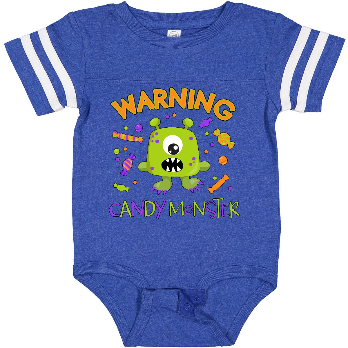 Inktastic Warning Candy Monster with Candy - Cute Green Monster Baby Bodysuit for Boys & Girls | Fun Halloween Costume & Playdate Outfit