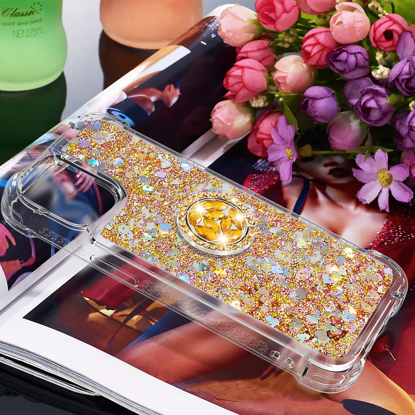 CCSmall Clear Quicksand Glitter Liquid Floating TPU Case for iPhone 12 Pro Max - Sparkling Diamond Design with Stand Feature (LSZ Gold) | Perfect for Daily Use, Parties & Gift Giving