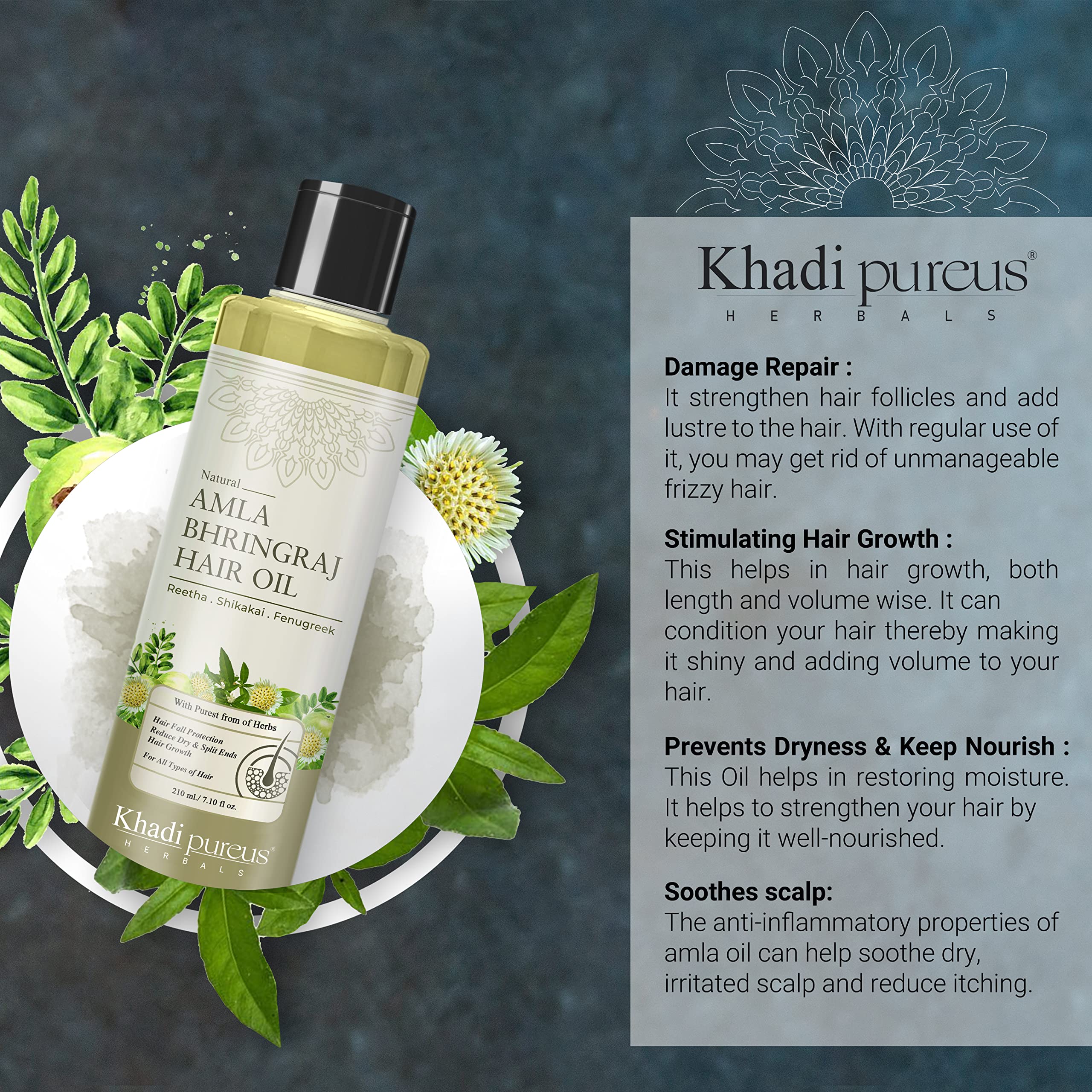 Khadi Pure Herbal Keshabooti Amla Bhringraj Hair Oil - Controls Hair Fall, Promotes Growth & Strengthens Hair | Non-Sticky Natural Hair Treatment for Women & Men | Comb Applicator Included (210ml) | Perfect for Daily Hair Care & Scalp Massage