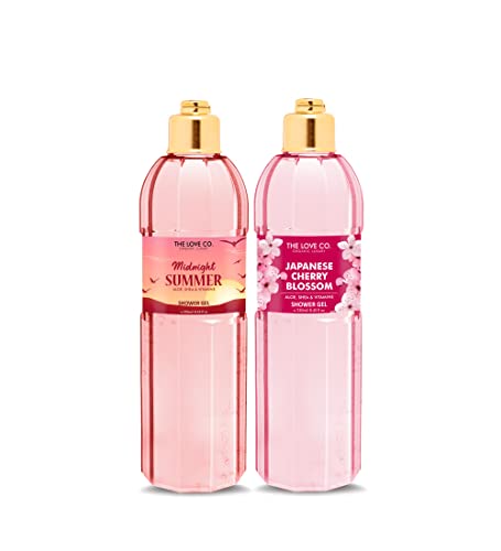 THE LOVE CO. Japanese Cherry Blossom & Midnight Summer Body Wash Set - Vegan Moisturizing Shower Gel for Soft Skin - 2 Pack (250ml Each) - Perfect for Relaxing Bath & Spa Night Self Care Routine