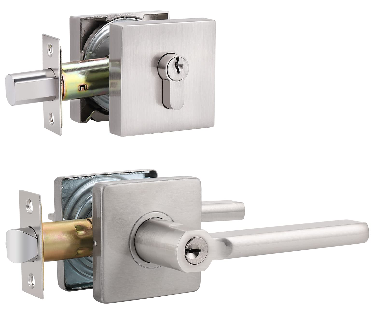 Brotima 10 Pack Satin Nickel Entry Door Lever with Deadbolt - Keyed Alike Exterior Door Lock Set & Single Cylinder Deadbolt, Heavy Duty Right/Left Hand Door Handle for Front & Back Doors - Perfect for Home, Office & Commercial Security