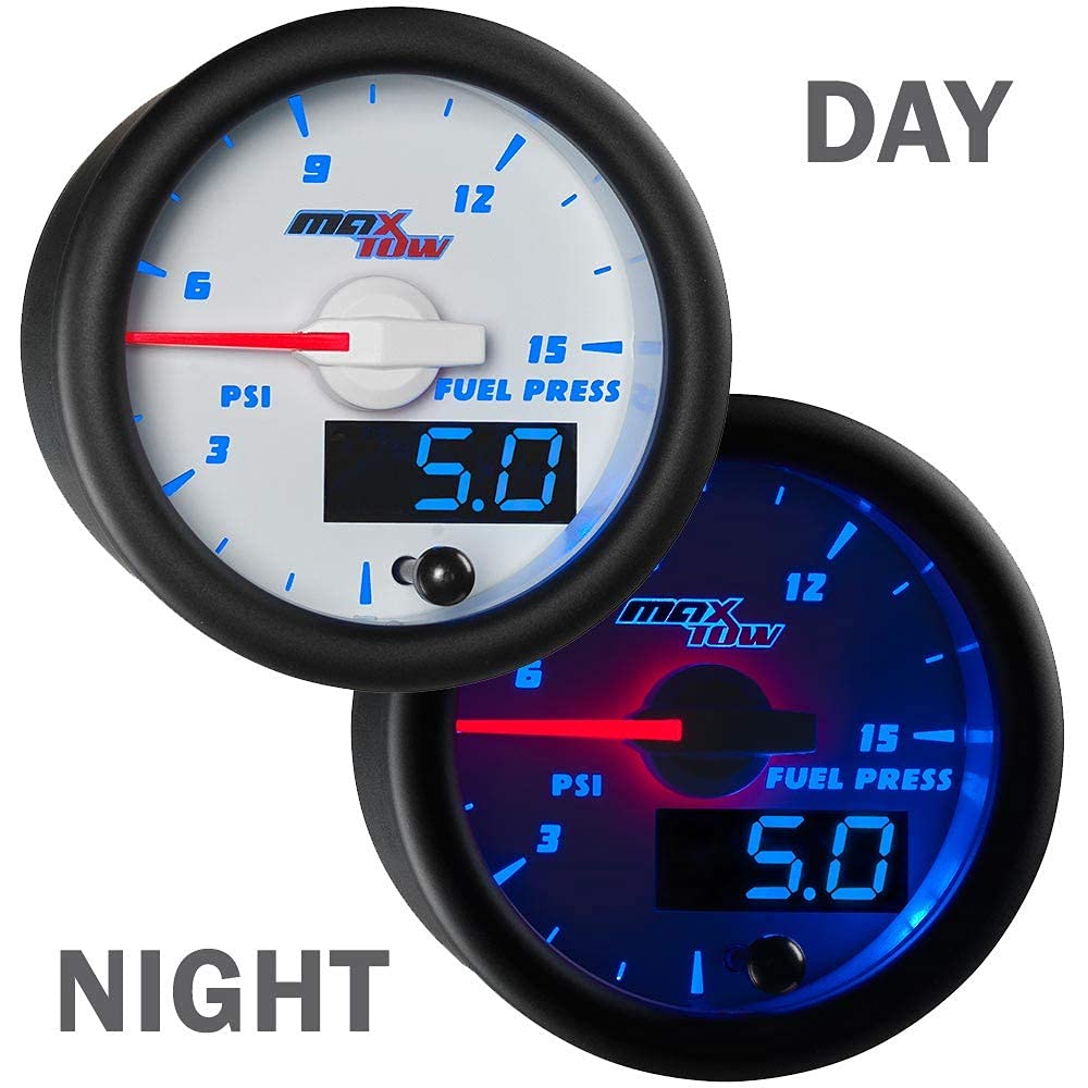 MaxTow Double Vision 15 PSI Fuel Pressure Gauge Kit with Electronic Sensor - White Face & Blue LED Dial - 52mm Analog/Digital Gauge for Trucks, Cars & Performance Vehicles - Engine Monitoring & Diagnostics Tool