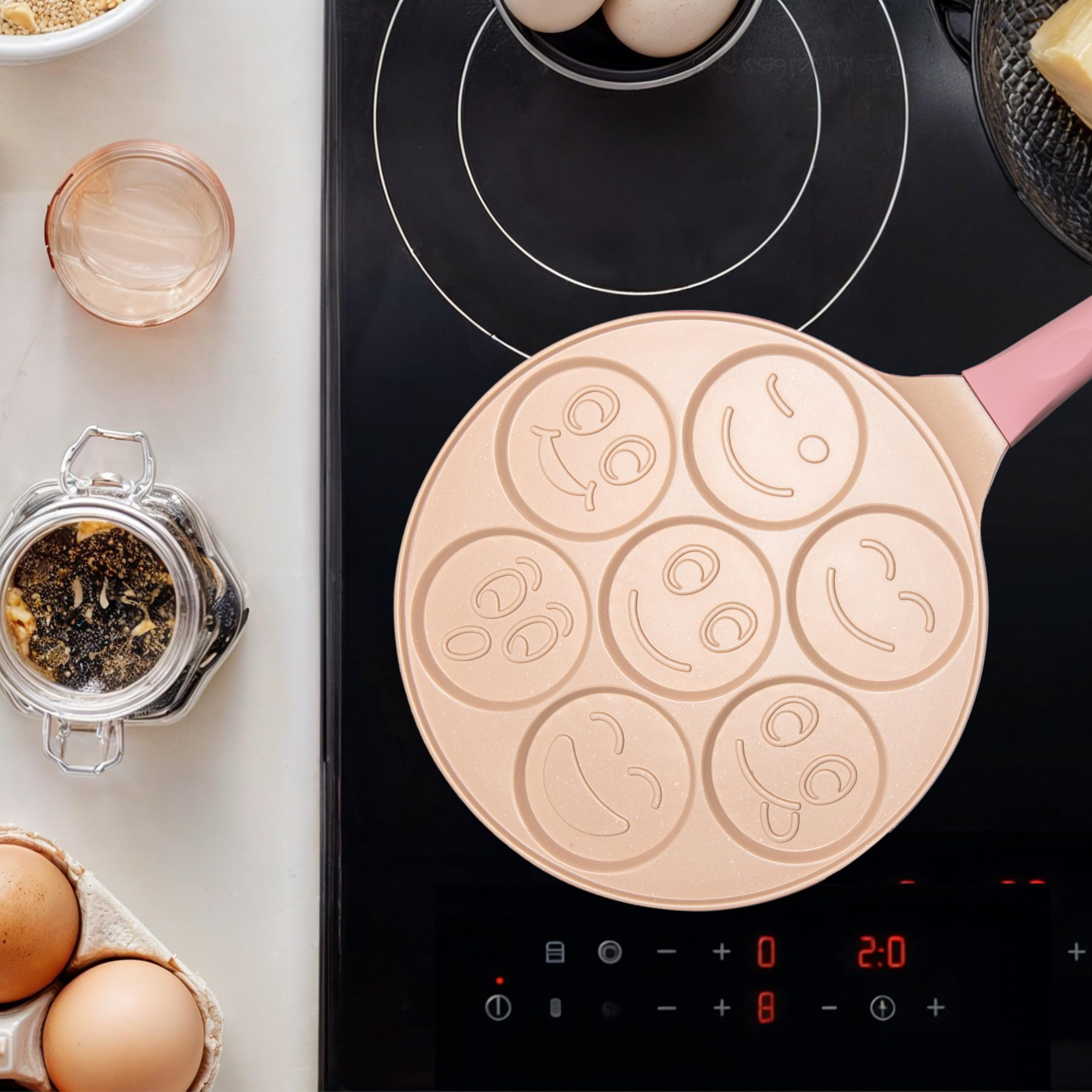 Erreke Non-Stick Emoji Face Pancake Pan - 26cm Pink Fun Design for Kids - Induction Compatible, Perfect for Pancakes, Eggs & More - Ideal for Family Breakfast & Kids Cooking Activities