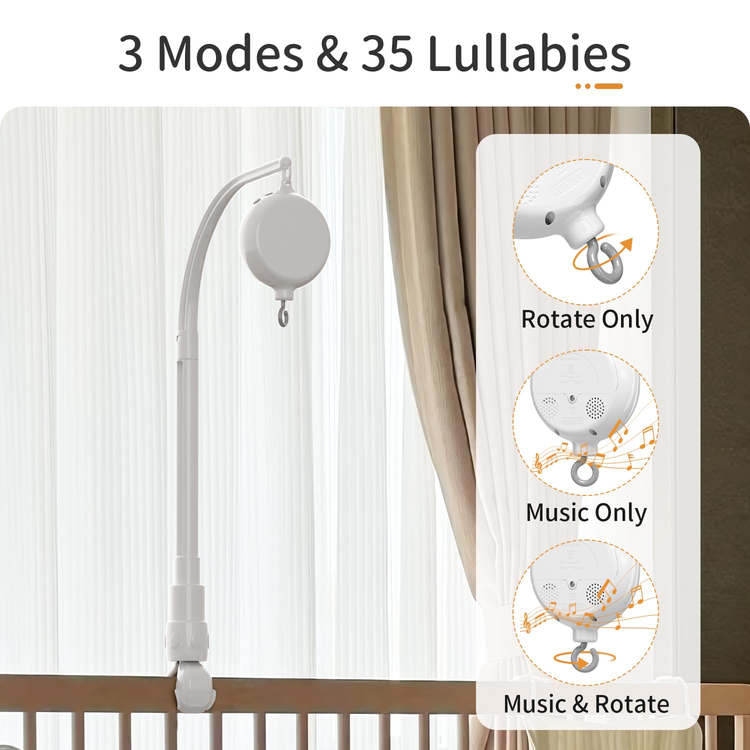 FEISIKE Baby Crib Mobile with Music Box - 23 Inch Adjustable Arm, Volume Control & 3 Play Modes (Rotation+Music/Rotation Only/Music Only) - 35 Soothing Lullabies, 30 Min Auto-Off - Perfect Nursery Decor for Newborns & Infants - Ideal for Bedtime, Naptime & Playtime