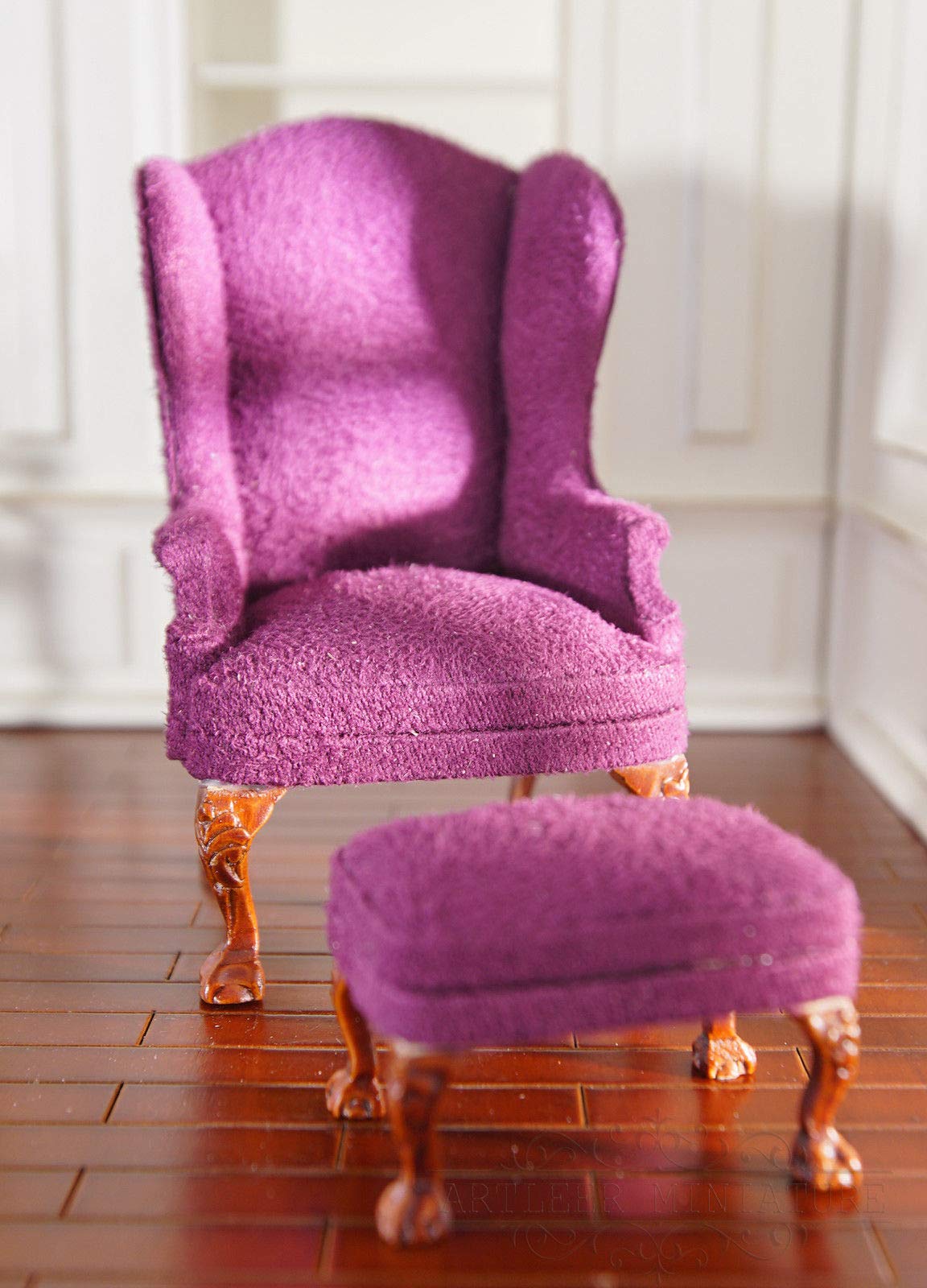 1/12 Scale Dollhouse Furniture - Elegant Purple Fabric Leisure Chair & Ottoman Set YZ0077A for Miniature Home Decor, DIY Projects & Collectibles