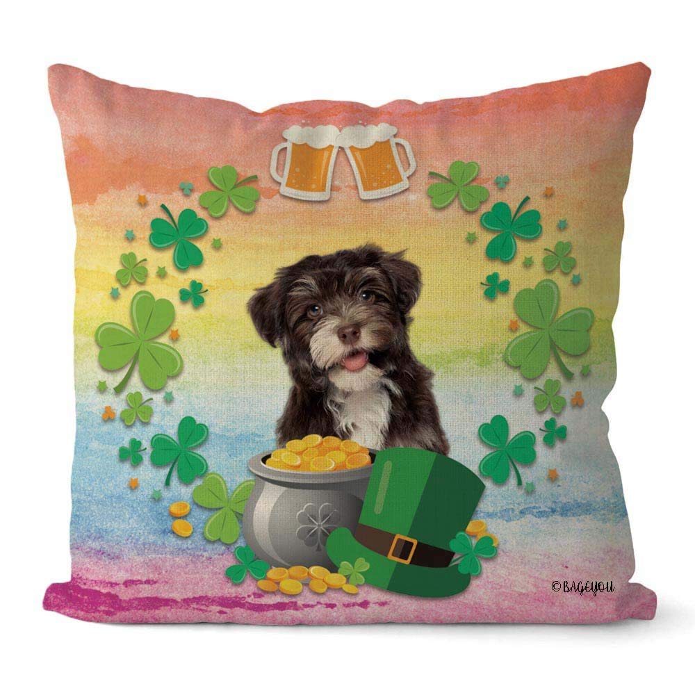 St. Patrick's Day Shamrock Clover Dog Pillow Cover - 18x18 Inch Square Cotton Linen Cushion Case with Leprechaun, Gold Pot & Beer Design for Home Decor, Couch, Sofa - Perfect for Irish-Themed Parties & Pet Lovers