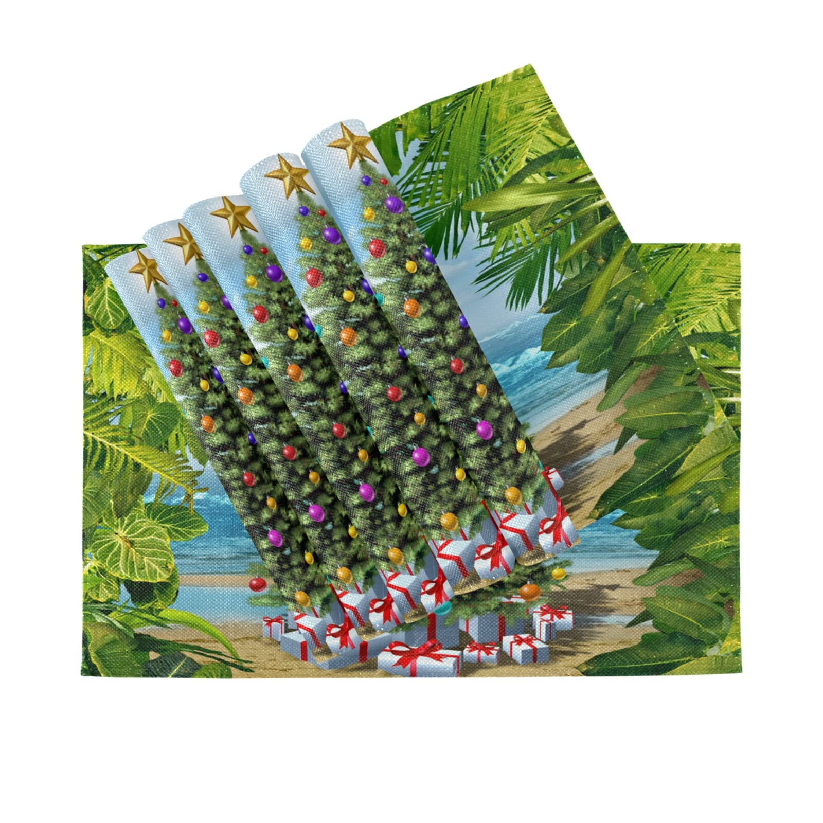 WIHVE 6-Pack Polyester Placemats - Tropical Palm Leaf & Christmas Tree Design Waterproof Table Mats for Dining, Kitchen, Beach Party, Holiday Decor, Indoor and Outdoor Use
