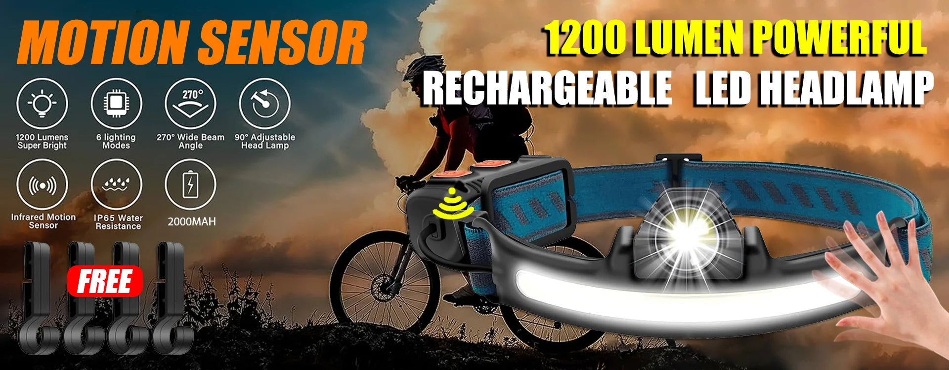 USB Rechargeable LED Sensor Headlamp - XPE+COB Bright Headlight with Motion Detection, Adjustable Head Torch for Camping, Hiking, Fishing & Outdoor Activities | Waterproof Flashlight for Night Work & Emergency Use