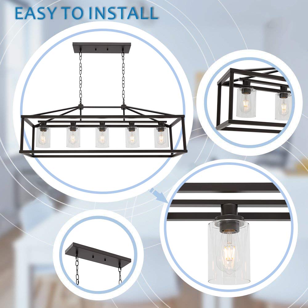 BONLICHT 5-Light Industrial Rustic Farmhouse Chandelier - Modern Rectangle Dining Room Pendant Light Fixture in Oil Rubbed Bronze with Clear Glass Shade - Perfect for Kitchen Island, Hallway, Bar & Farmhouse Decor