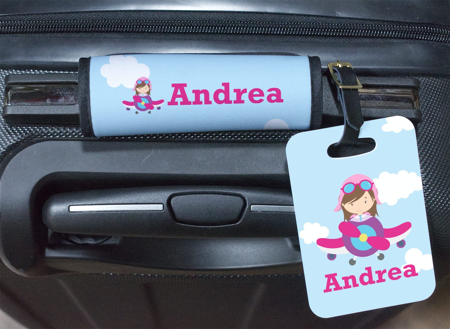 Custom Personalized Airplane & Girl Pilot Luggage Tag - Engraved Name/Text - Perfect for Travel, Suitcases, Backpacks & Kids' Bags