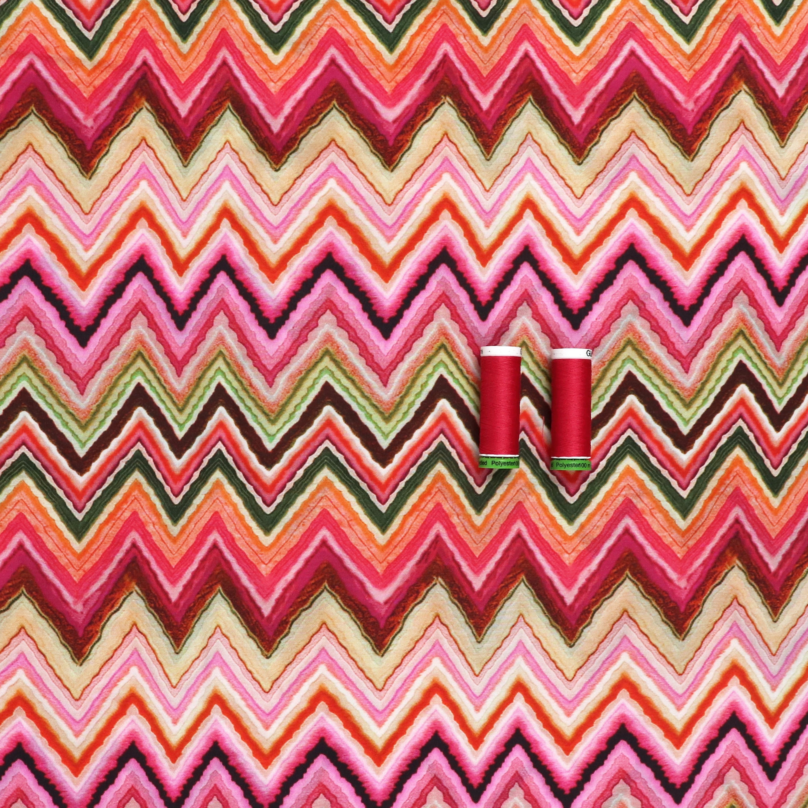 Viscose Satin Fabric - Zigazigah Print in Pink & Green - End of Bolt 110cm Wide - Perfect for Dresses, Scarves & Home Decor