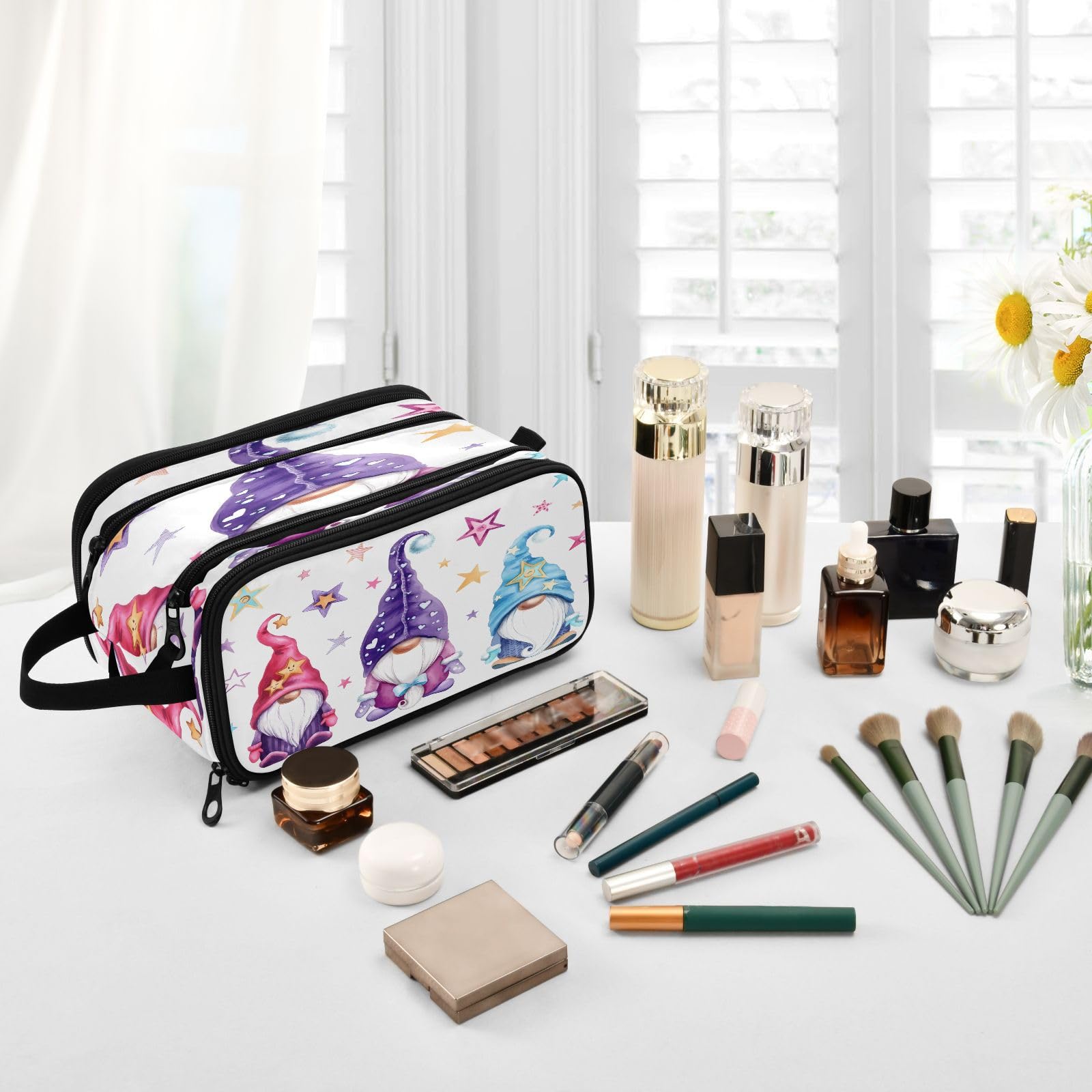 Gnome Makeup Bag with Brush Compartment - Travel Cosmetic Organizer for Women