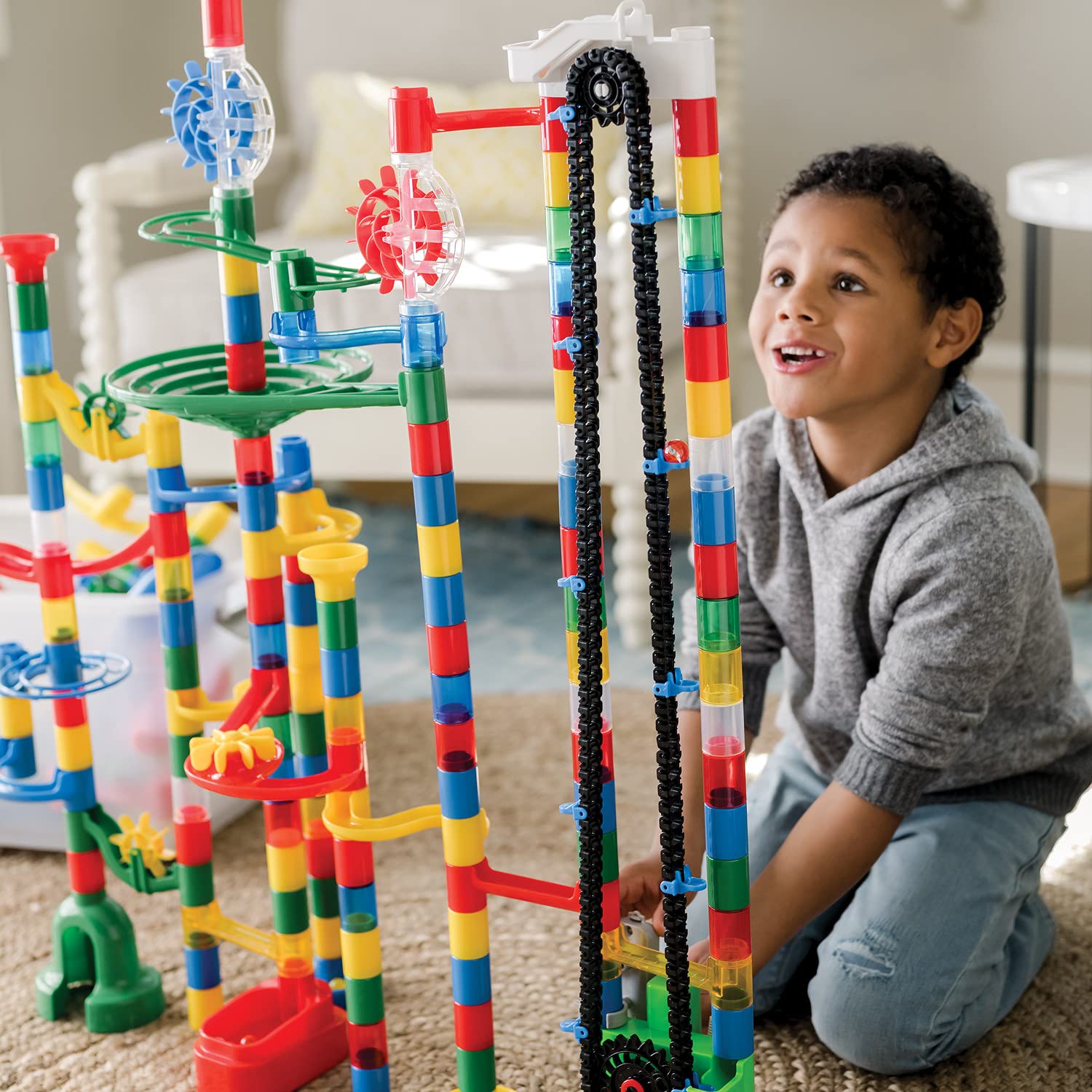 MindWare Colossal Elevator Marble Run – 400-Piece STEM Building Toy Set with Unique Tracks, 150 Tubes, 9 Funnels & 50 Marbles | Wheeled Storage Bin | Educational Marble Maze for Kids Ages 6+ | Perfect for Indoor Play, Birthday Gifts & Classroom STEM Activities