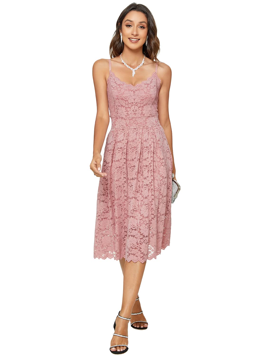 Elegant Women's Lace Floral Overlay V-Neck Sleeveless Cocktail Dress for Wedding, Party & Special Occasions | Sexy Swing Dress for Evening Events, Bridal Shower & Date Night