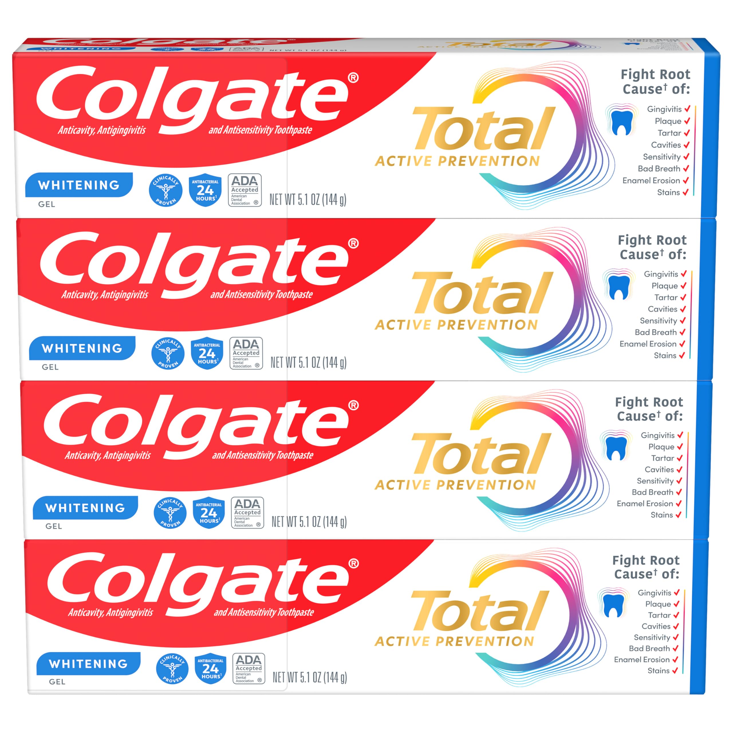 Colgate Total Whitening Toothpaste Gel - 10 Benefits for Fresh Breath, Teeth Whitening & Sensitivity Relief (Mint Flavor, 4 Pack, 5.1 Oz Tubes) | Perfect for Daily Oral Care & Travel Essentials
