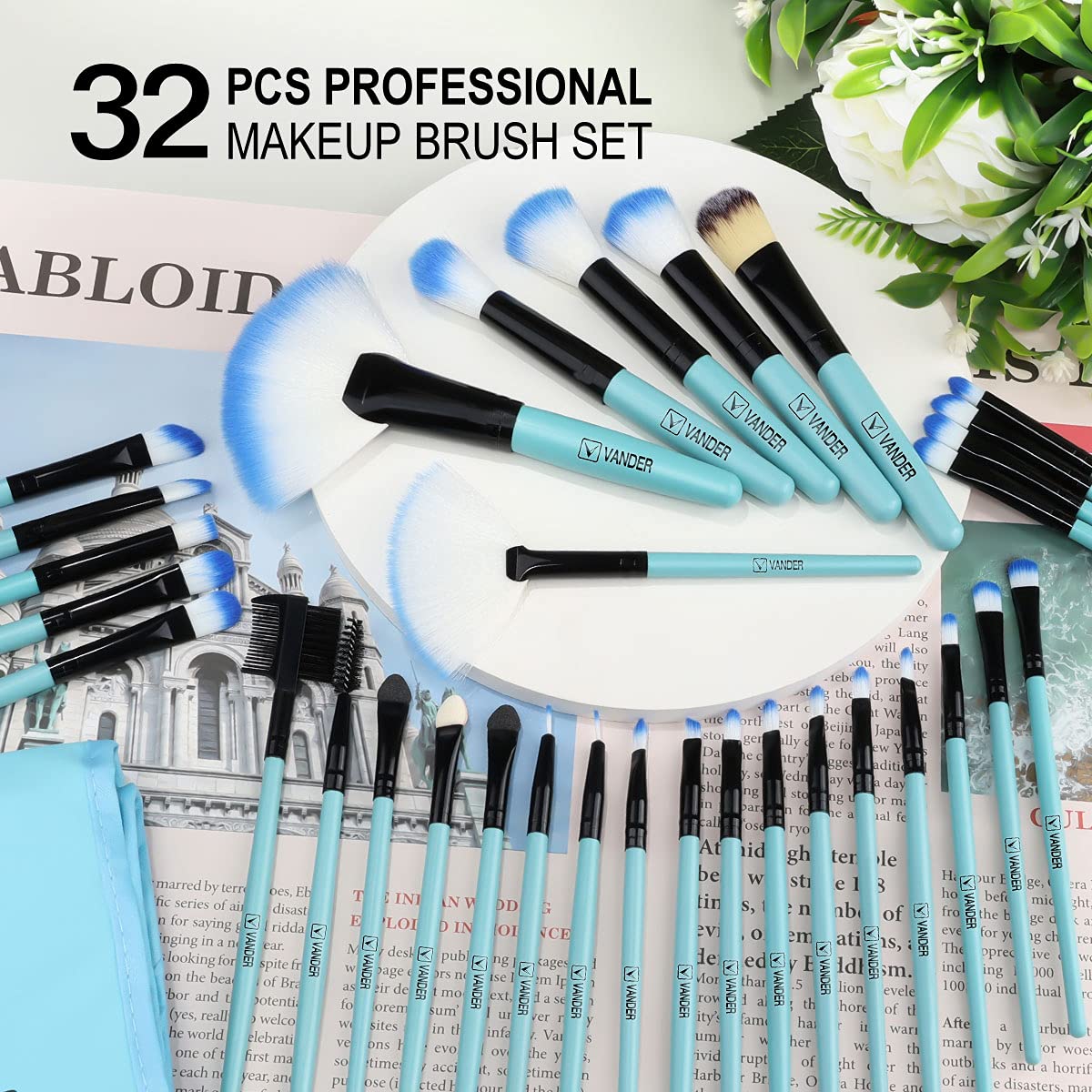 VANDER Professional 32-Piece Makeup Brush Set for Foundation, Concealer, Eyeshadow & Eyeliner - Blue Cosmetic Brushes | Perfect for Makeup Artists & Beginners | Salon, Home & Travel Use